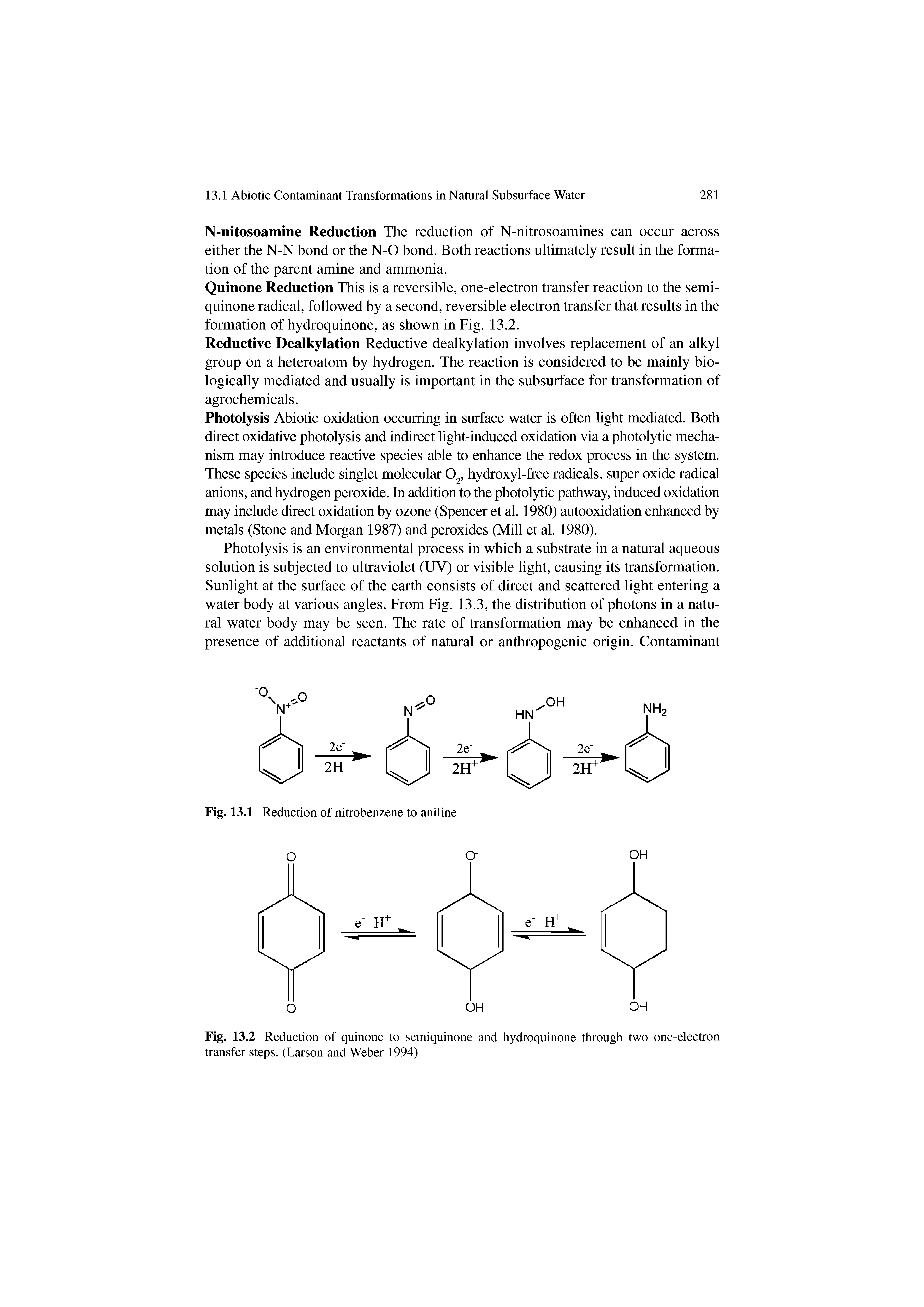 Fig. 13.2 Reduction of quinone to semiquinone and hydroquinone through two one-electron transfer steps. (Larson and Weber 1994)...