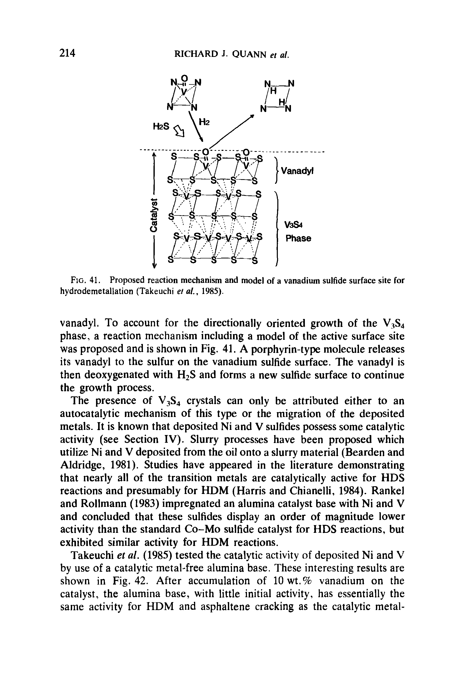 Fig. 41. Proposed reaction mechanism and model of a vanadium sulfide surface site for hydrodemetallation (Takeuchi et al., 1985).