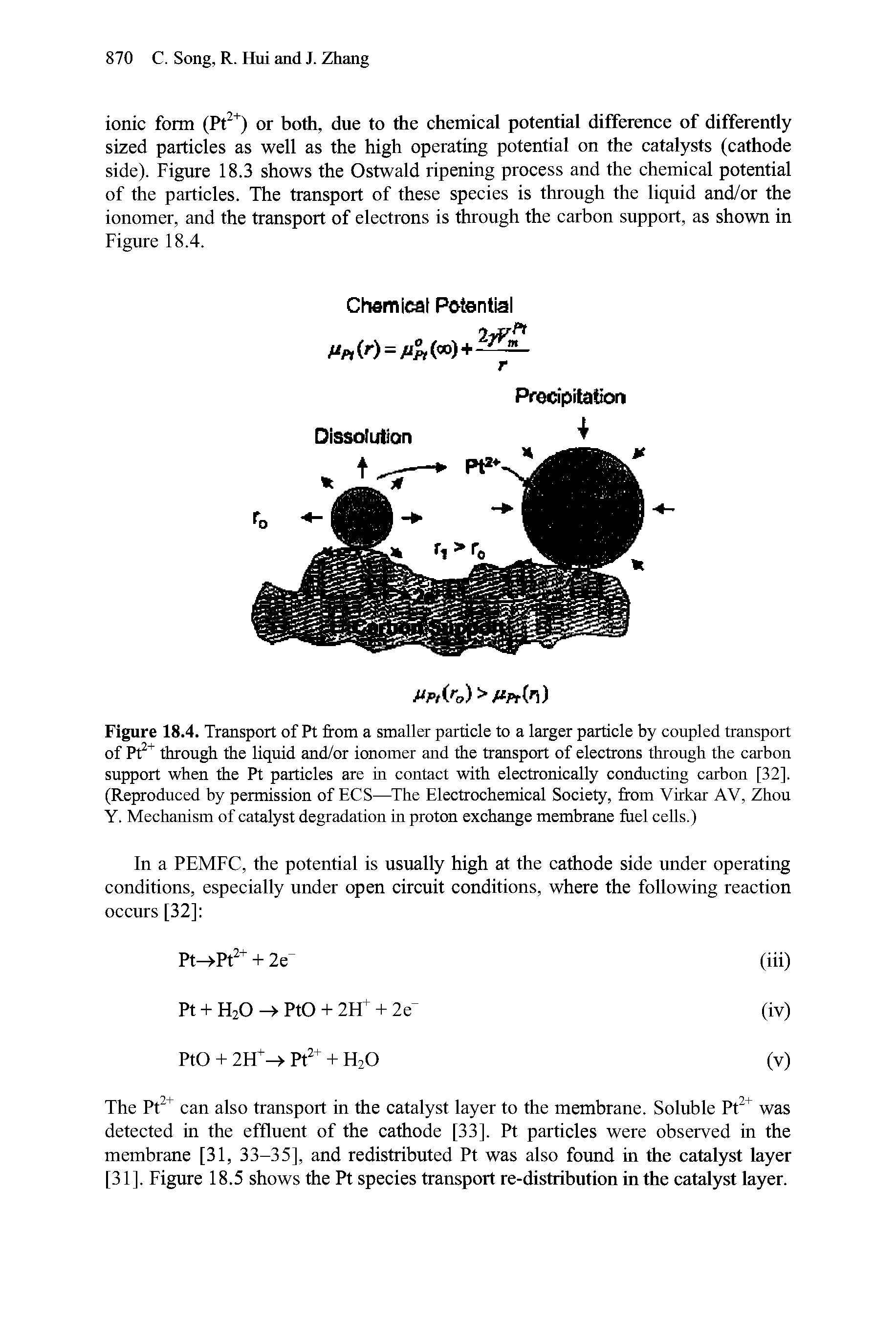 Figure 18.4. Transport of Pt from a smaller particle to a larger particle by coupled transport of Pt throu the liquid and/or ionomer and the transport of electrons through the carbon support when the Pt particles are in contact with electronically conducting carbon [32]. (Reproduced by permission of ECS— The Electrochemical Society, from Virkar AV, Zhou Y. Mechanism of catalyst degradation in proton exchange membrane fuel cells.)...