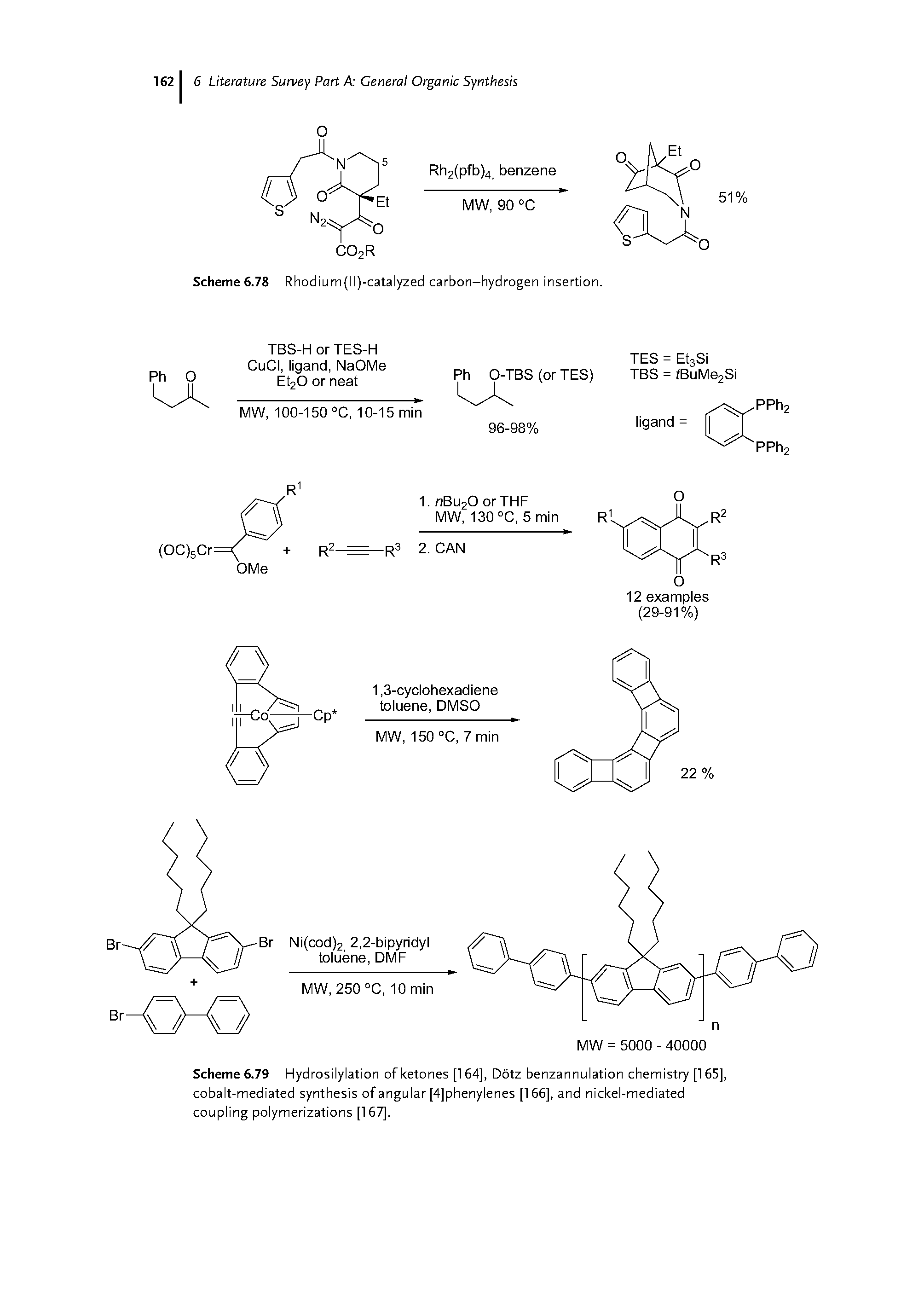 Scheme 6.79 Hydrosilylation of ketones [164], Dotz benzannulation chemistry [165], cobalt-mediated synthesis of angular [4]phenylenes [166], and nickel-mediated coupling polymerizations [167],...
