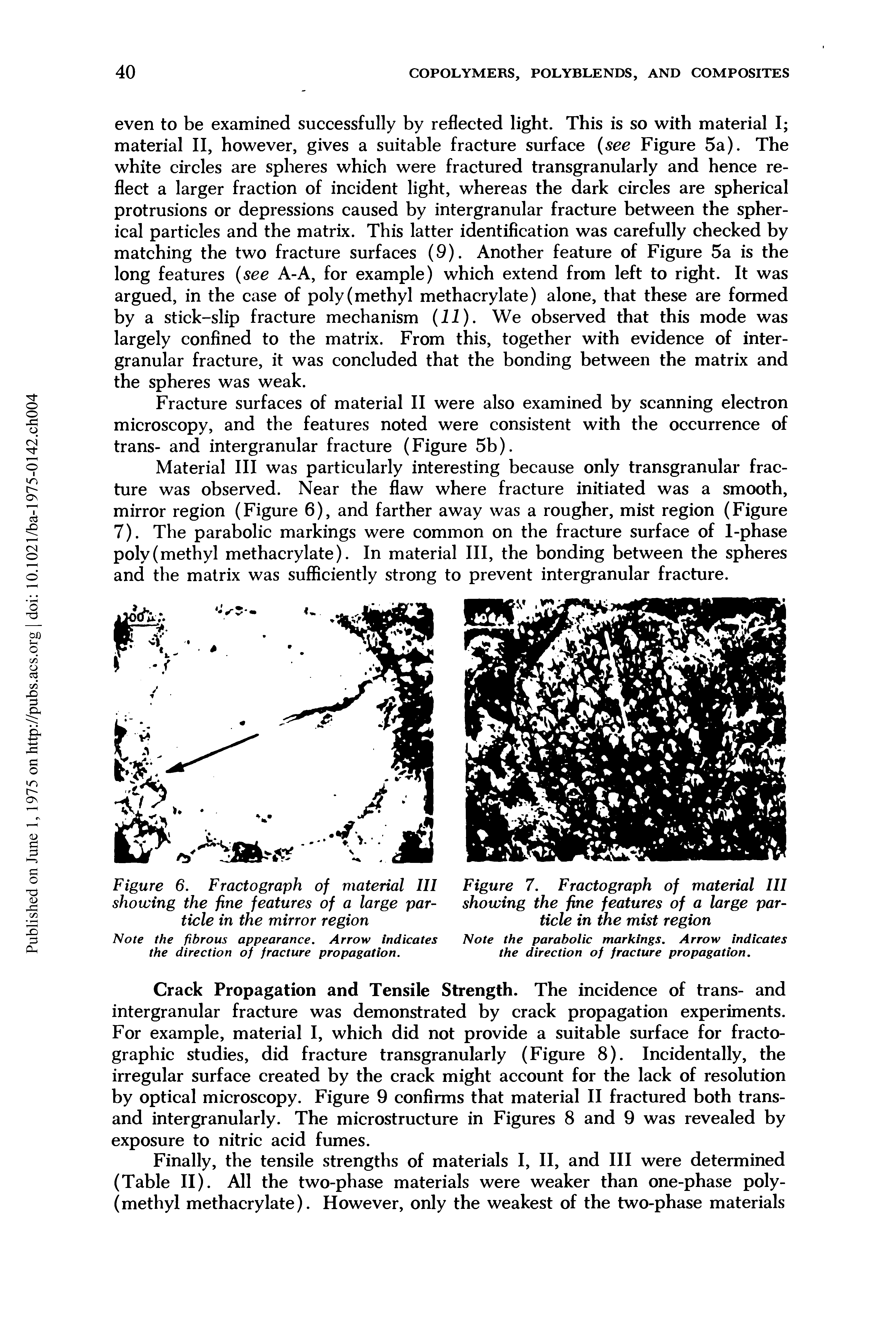Figure 6. Fractograph of material III showing the fine features of a large particle in the mirror region...