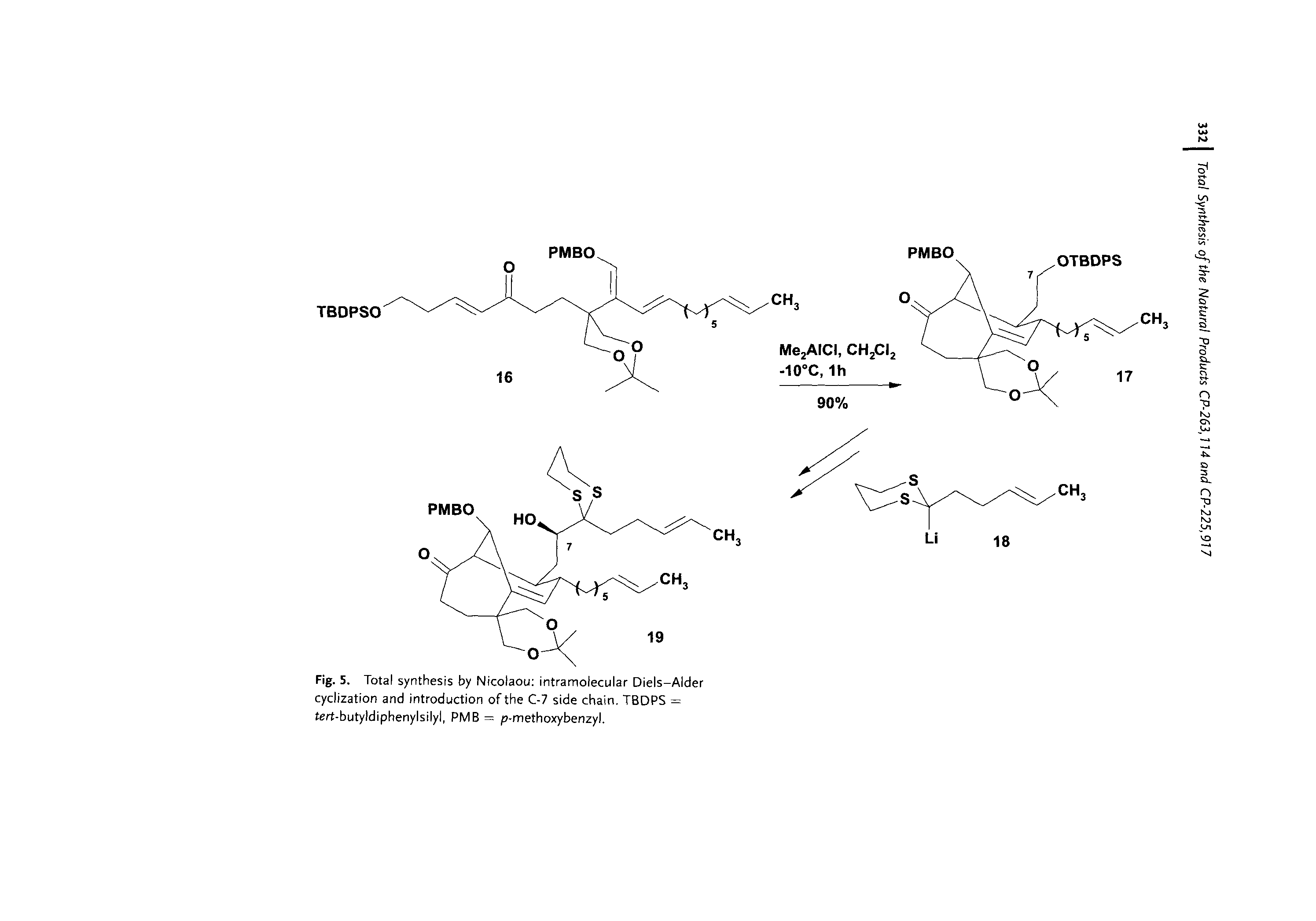 Fig. 5. Total synthesis by Nicolaou intramolecular Diels-Alder cyclization and introduction of the C-7 side chain. TBDPS = tert-butyldiphenylsilyl, PMB = p-methoxybenzyl.