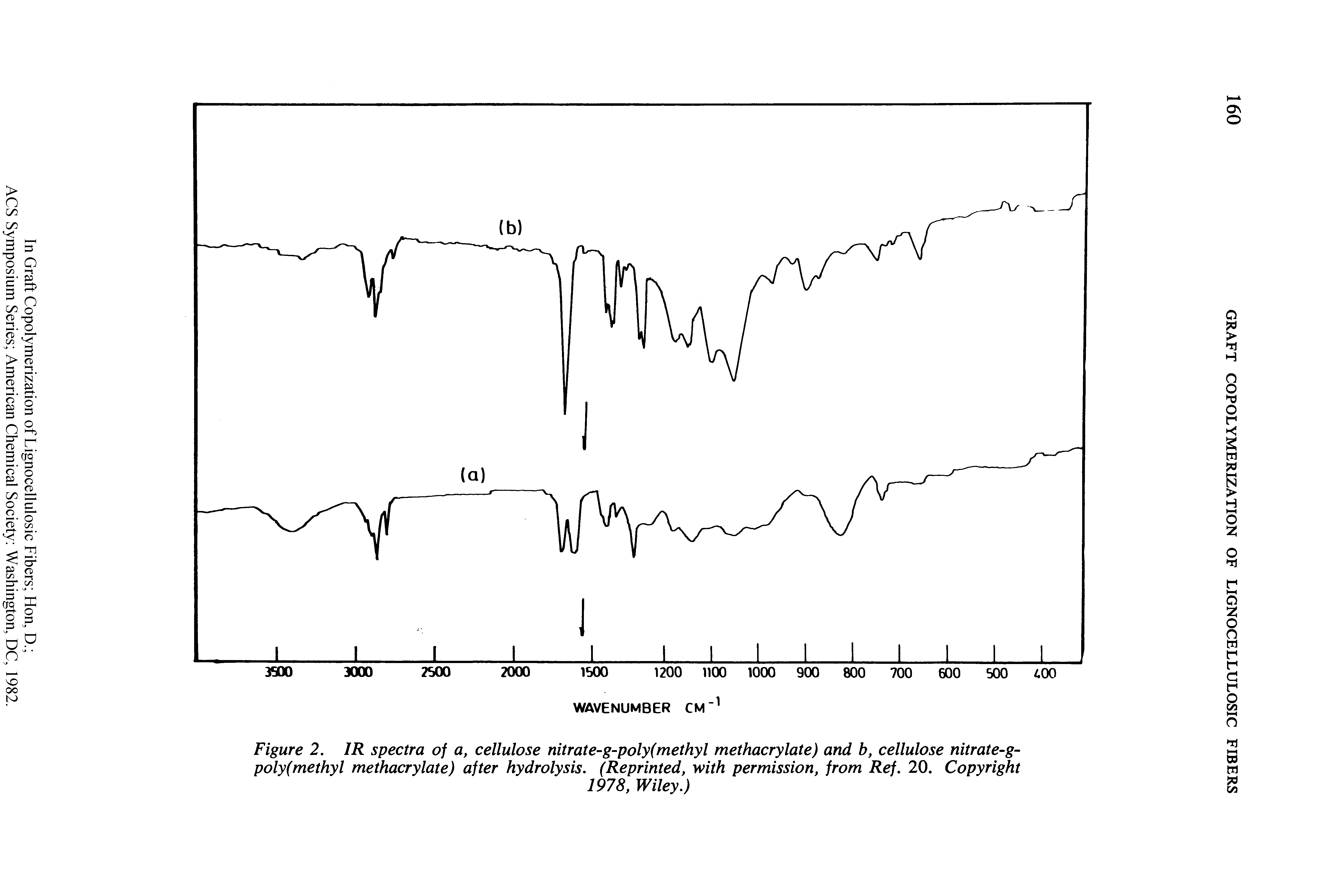 Figure 2. IR spectra of a, cellulose nitrate-g-poly(methyl methacrylate) and b, cellulose nitrate-g-poly(methyl methacrylate) after hydrolysis. (Reprinted, with permission, from Ref. 20. Copyright...
