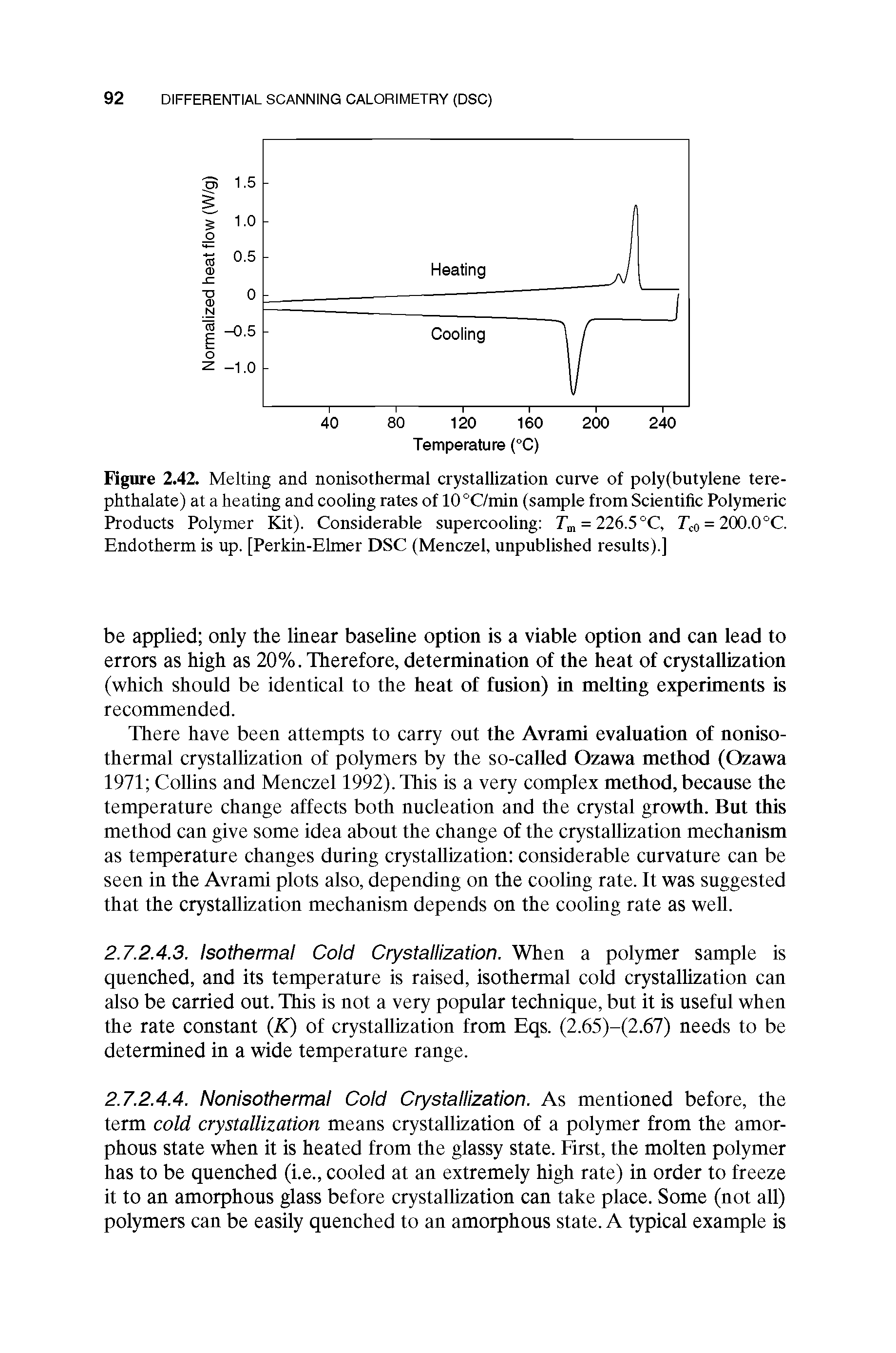 Figure 2.42. Melting and nonisothermal crystallization curve of poly(butylene tere-phthalate) at a heating and cooling rates of 10°C/min (sample from Scientific Polymeric Products Polymer Kit). Considerable supercooling r = 226.5°C, = 2(X).0°C.