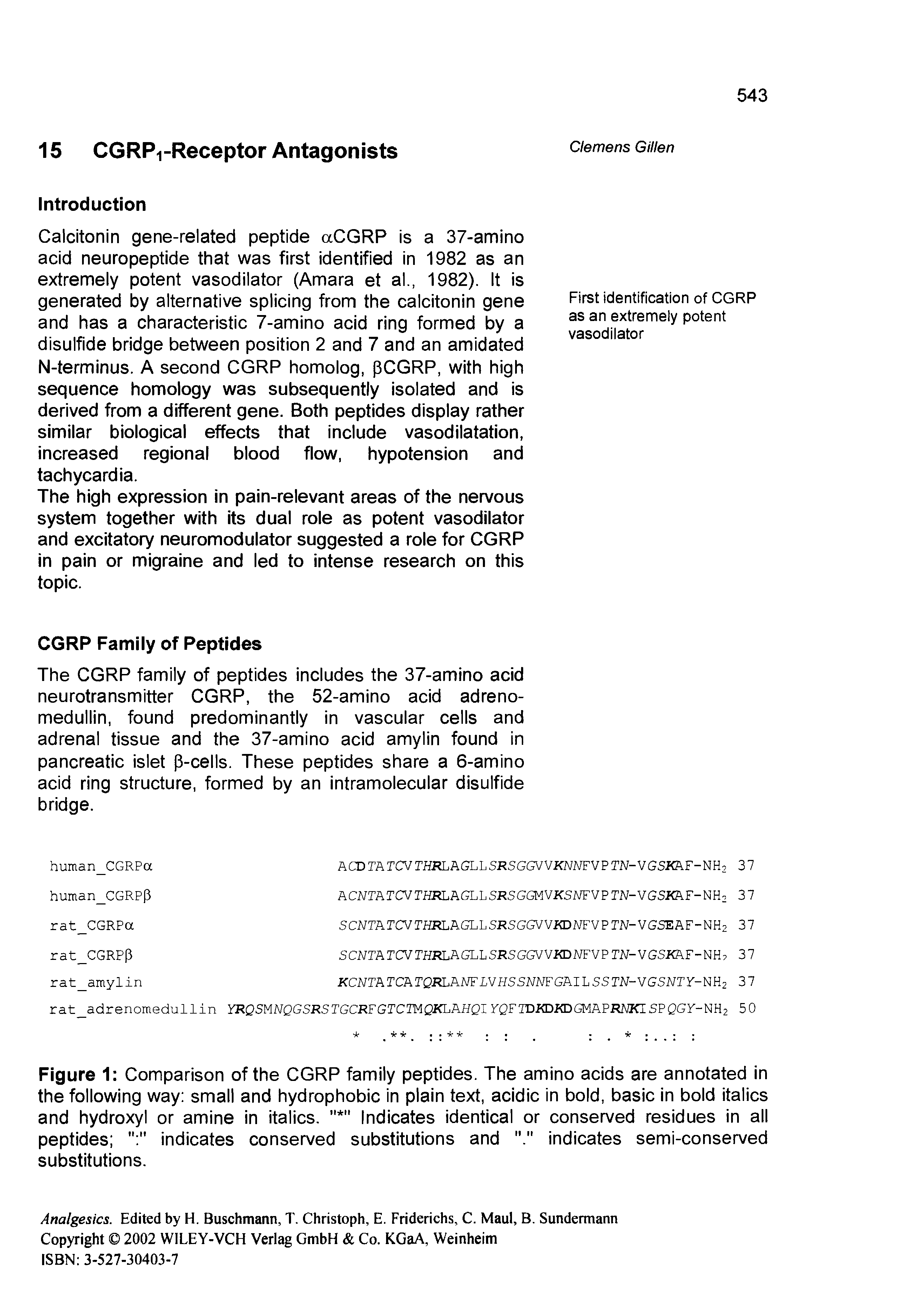 Figure 1 Comparison of the CGRP family peptides. The amino acids are annotated in the following way small and hydrophobic in plain text, acidic in bold, basic in bold italics and hydroxyl or amine in italics. Indicates identical or conserved residues in all peptides indicates conserved substitutions and indicates semi-conserved substitutions.