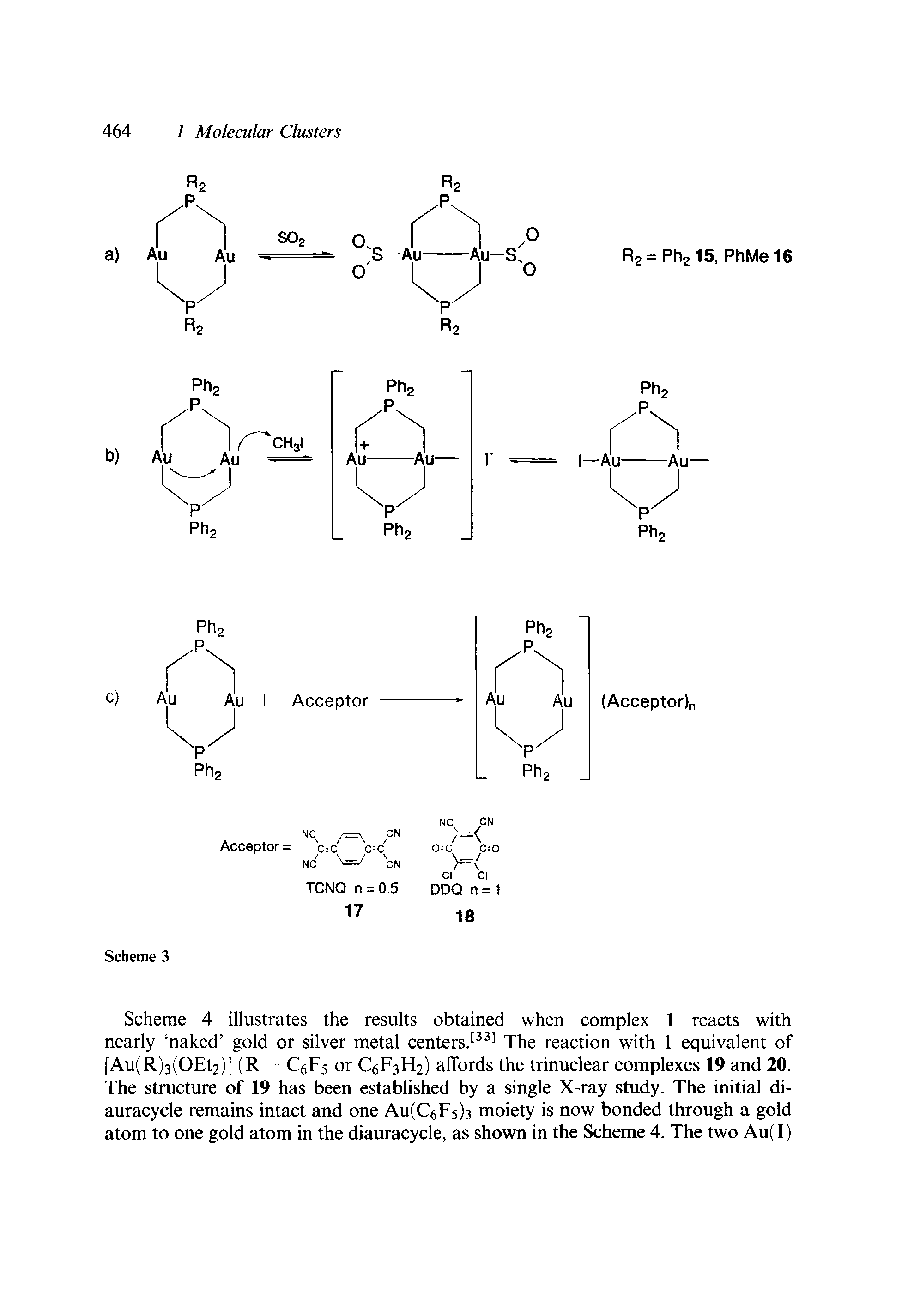 Scheme 4 illustrates the results obtained when complex 1 reacts with nearly naked gold or silver metal centersJ The reaction with 1 equivalent of [Au(R)3(OEt2)] (R = CgFs or C6F3H2) affords the trinuclear complexes 19 and 20. The structure of 19 has been established by a single X-ray study. The initial di-auracycle remains intact and one Au(C6F5)3 moiety is now bonded through a gold atom to one gold atom in the diauracycle, as shown in the Scheme 4. The two Au( I)...
