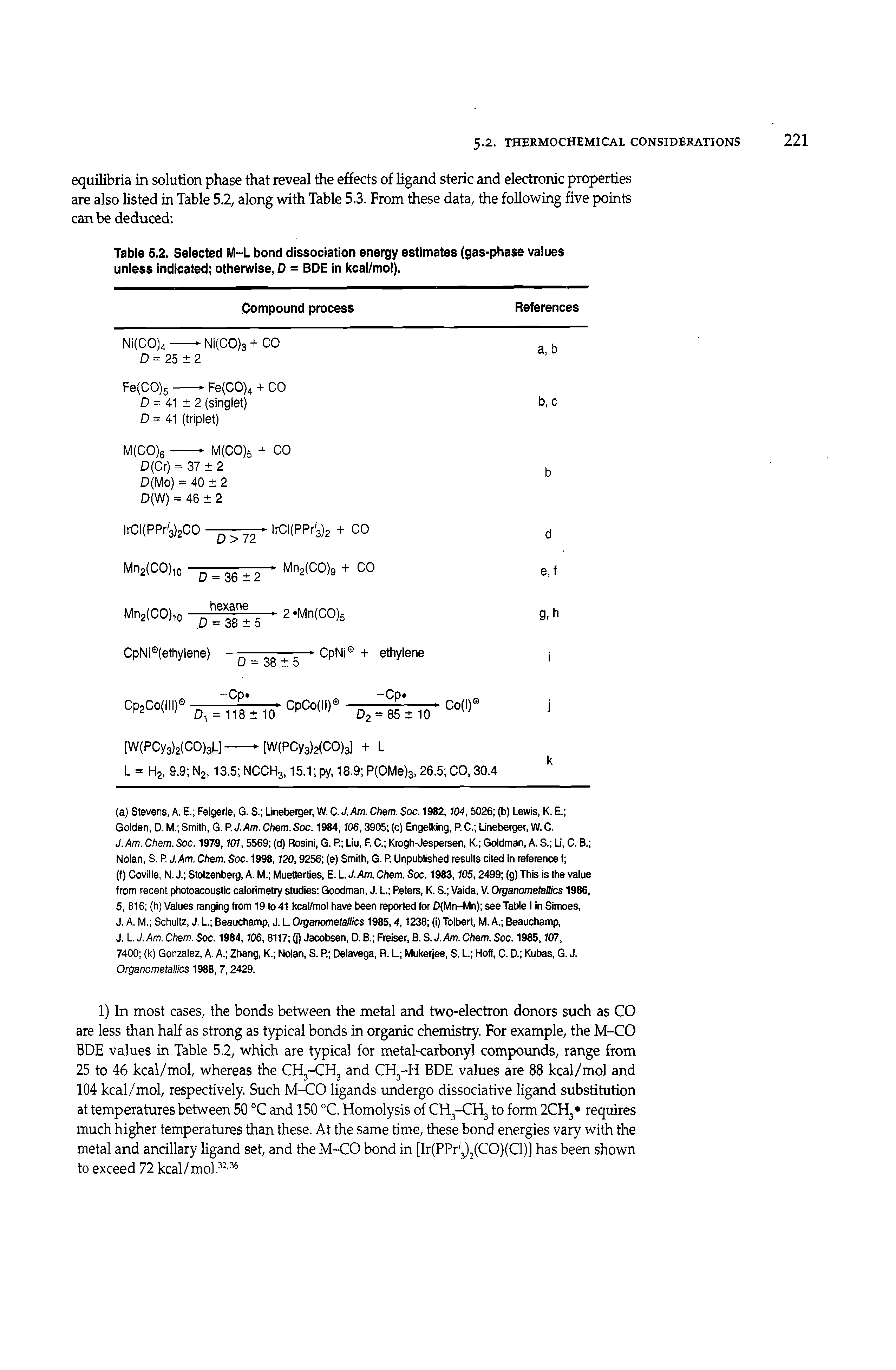 Table 5.2. Selected M-L bond dissociation energy estimates (gas-phase values unless Indicated otherwise, D = BDE in kcal/mol).