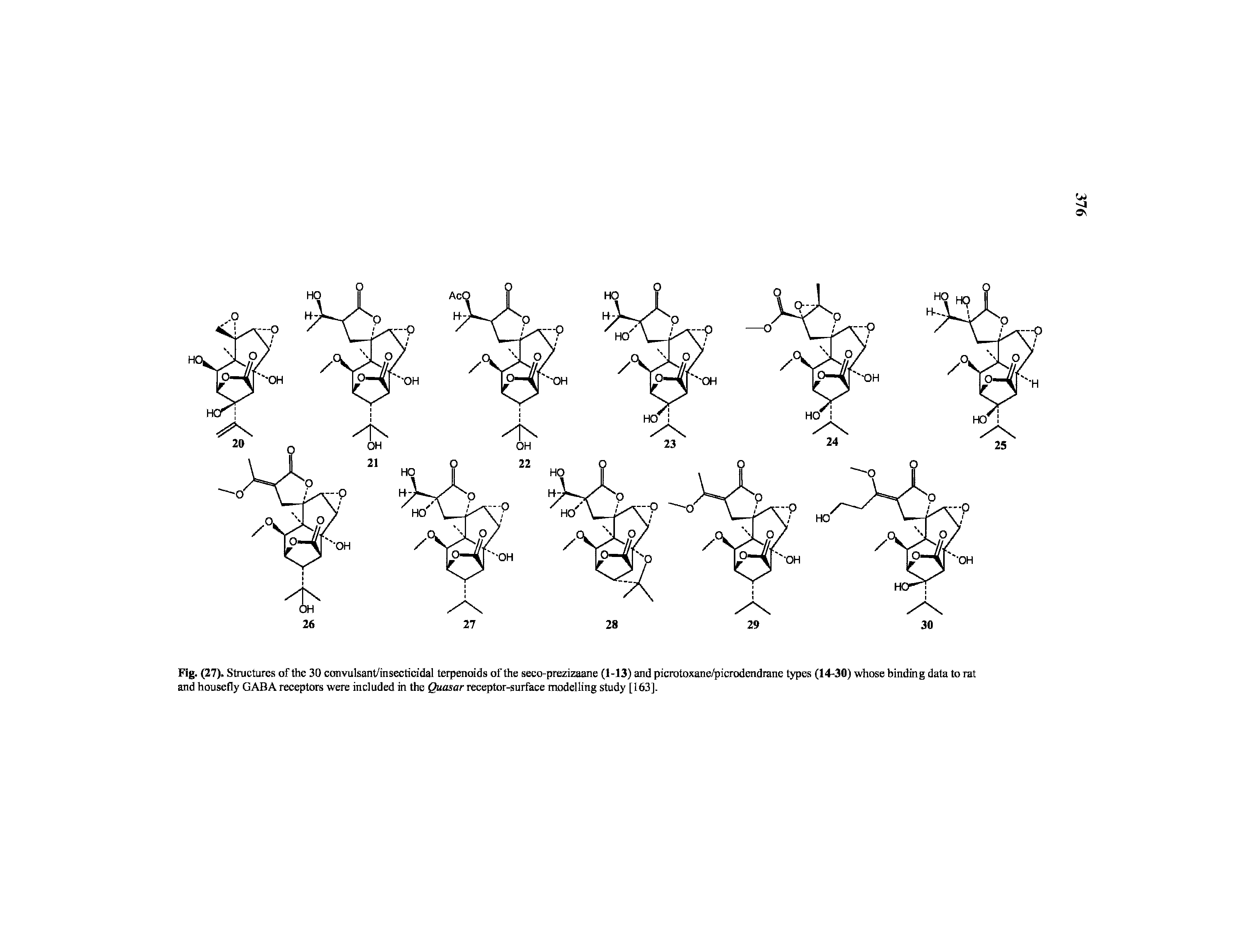 Fig. (27). Structures of the 30 convulsant/insecticidal terpenoids of the seco-prezizaane (1-13) and picrotoxane/picrodendrane types (14-30) whose binding data to rat and housefly GABA receptors were included in the Quasar receptor-surface modelling study [163].