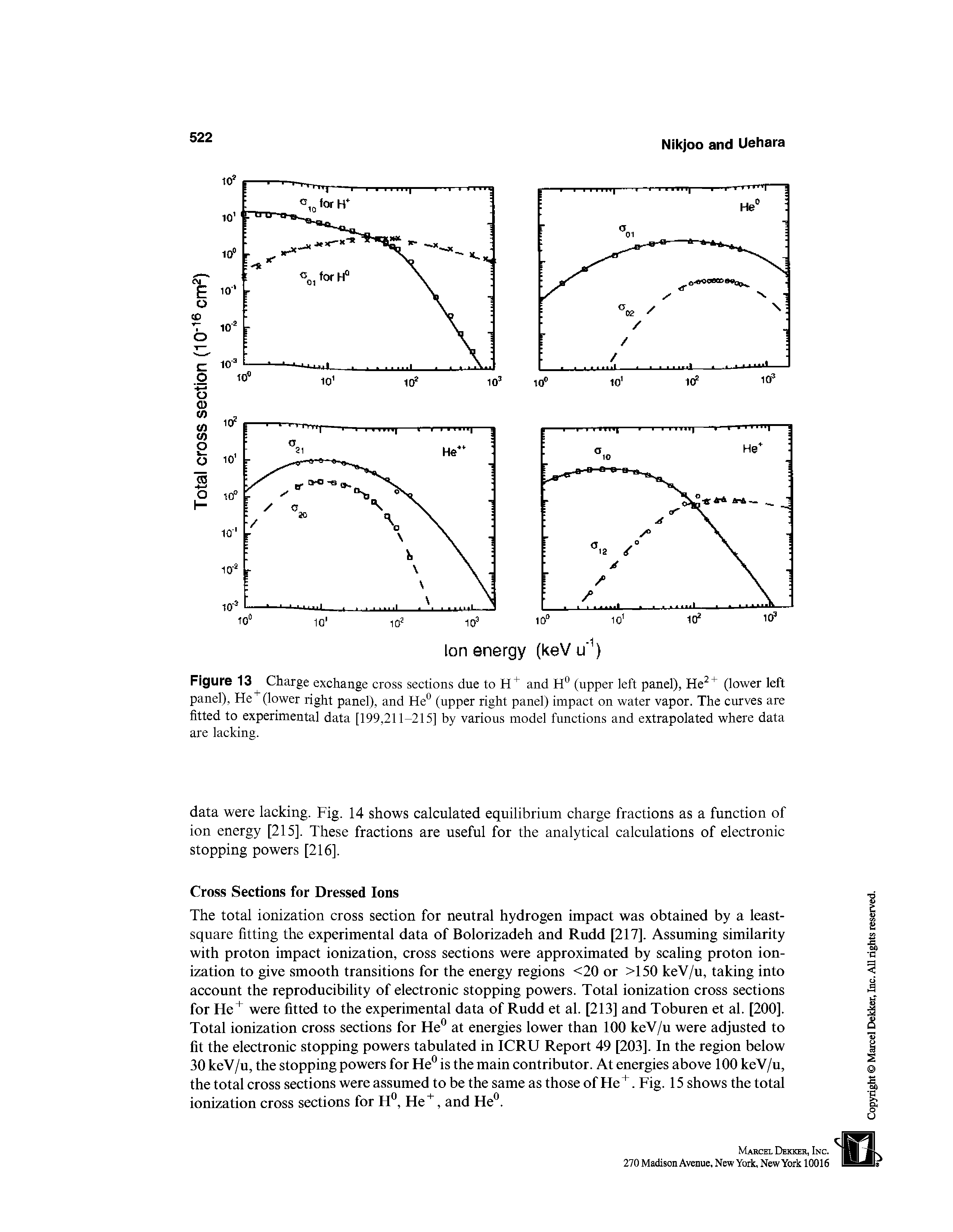 Figure 13 Charge exchange cross sections due to and (upper left panel), He (lower left panel), He (lower right panel), and He° (upper right panel) impact on water vapor. The curves are fitted to experimental data [199,211-215] by various model functions and extrapolated where data are lacking.