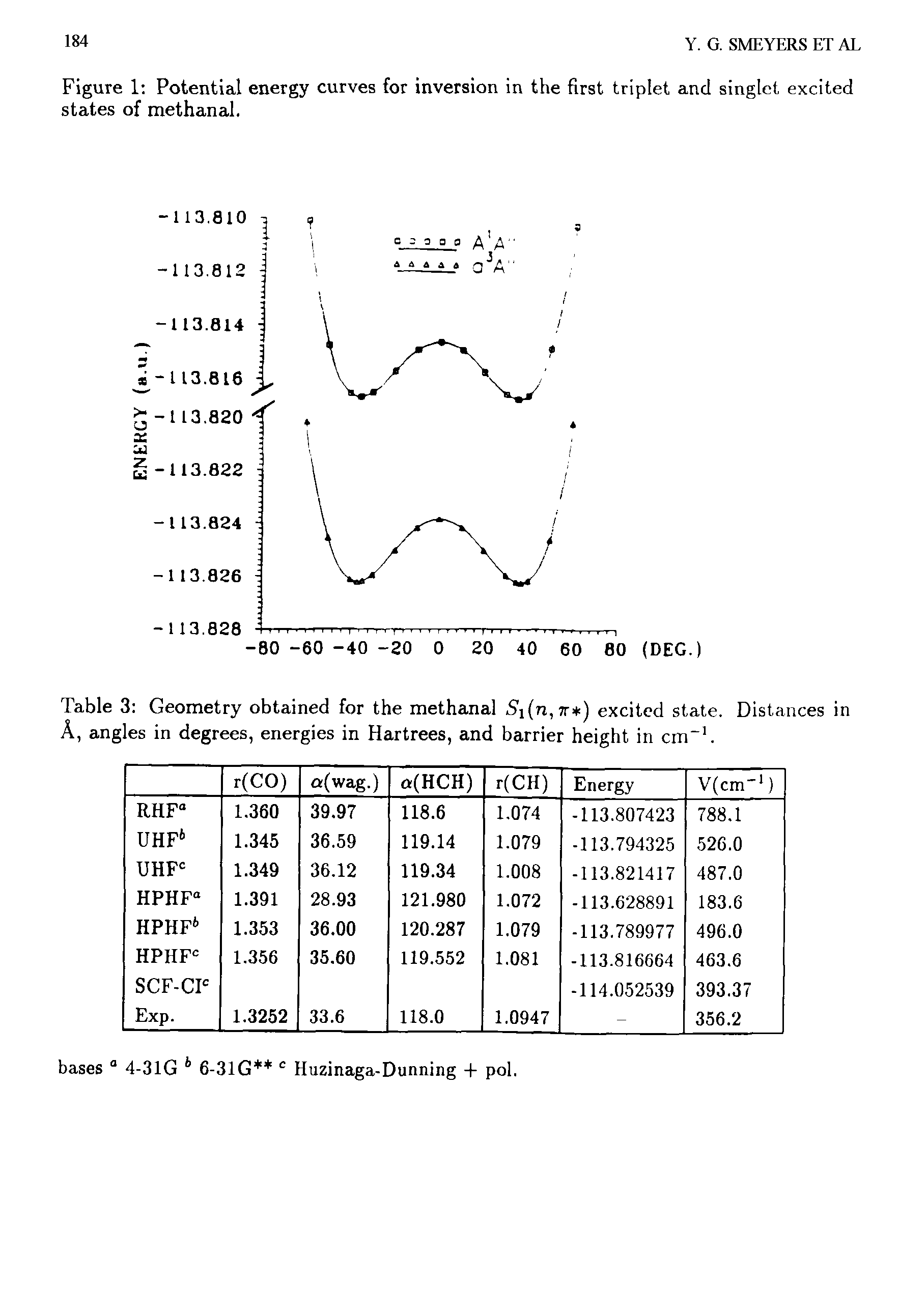 Table 3 Geometry obtained for the methanal Si(n,n ) excited state. Distances in A, angles in degrees, energies in Hartrees, and barrier height in cm . ...