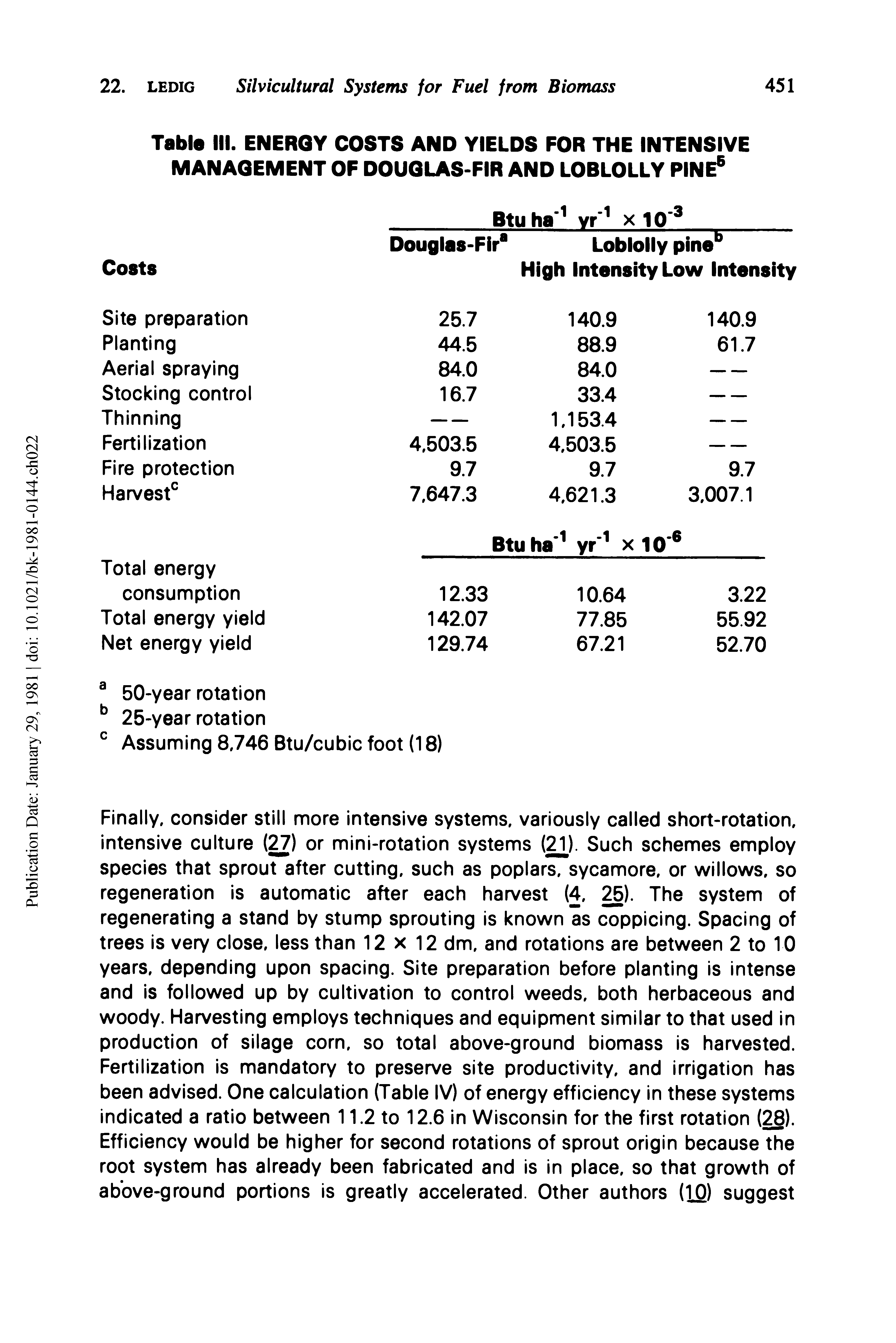 Table III. ENERGY COSTS AND YIELDS FOR THE INTENSIVE MANAGEMENT OF DOUGLAS-FIR AND LOBLOLLY PINE ...