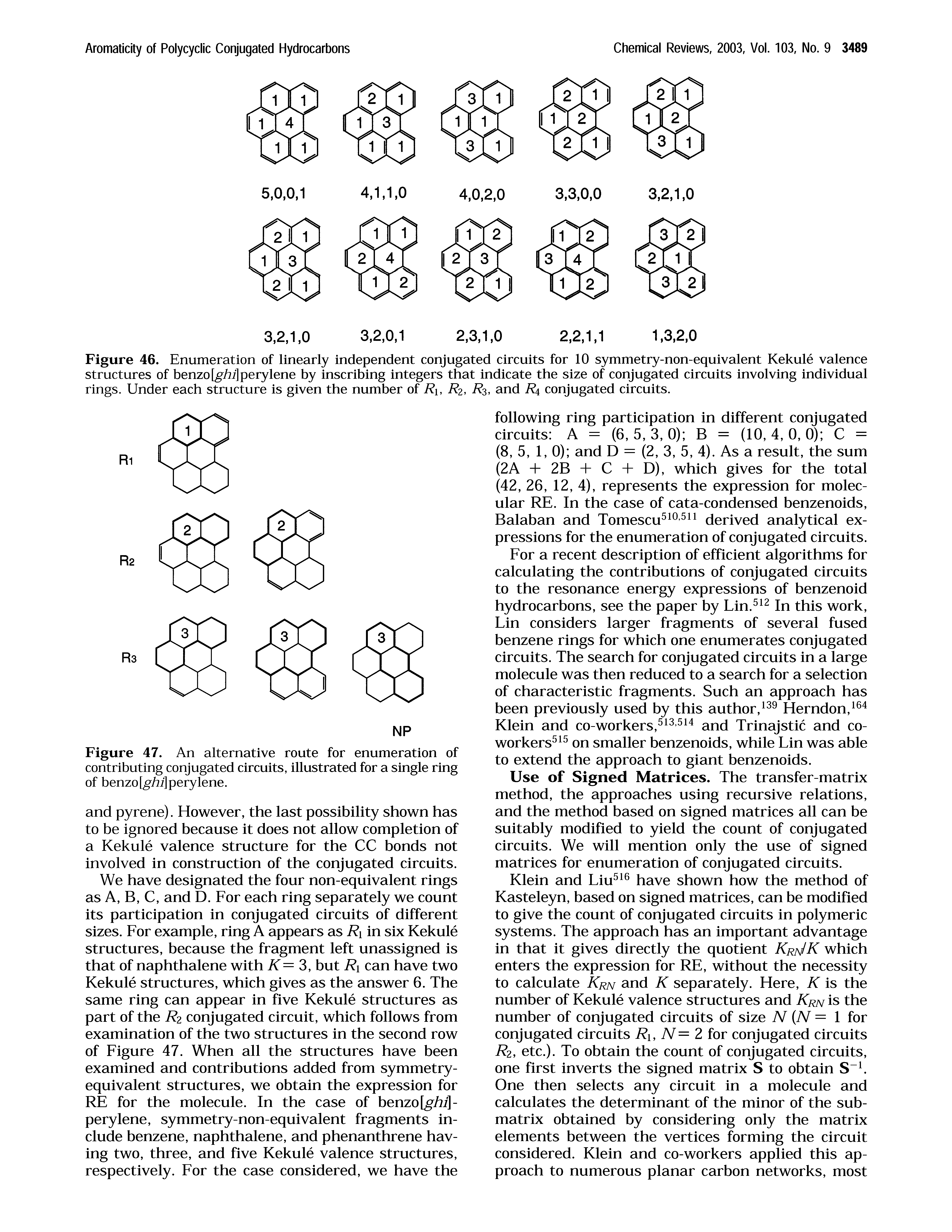 Figure 46. Enumeration of linearly independent conjugated circuits for 10 symmetry-non-equivalent Kekule valence structures of benzo[ / i]perylene by inscribing integers that indicate the size of conjugated circuits involving individual rings. Under each structure is given the number of Ri, Rz, Rs, and R4 conjugated circuits.