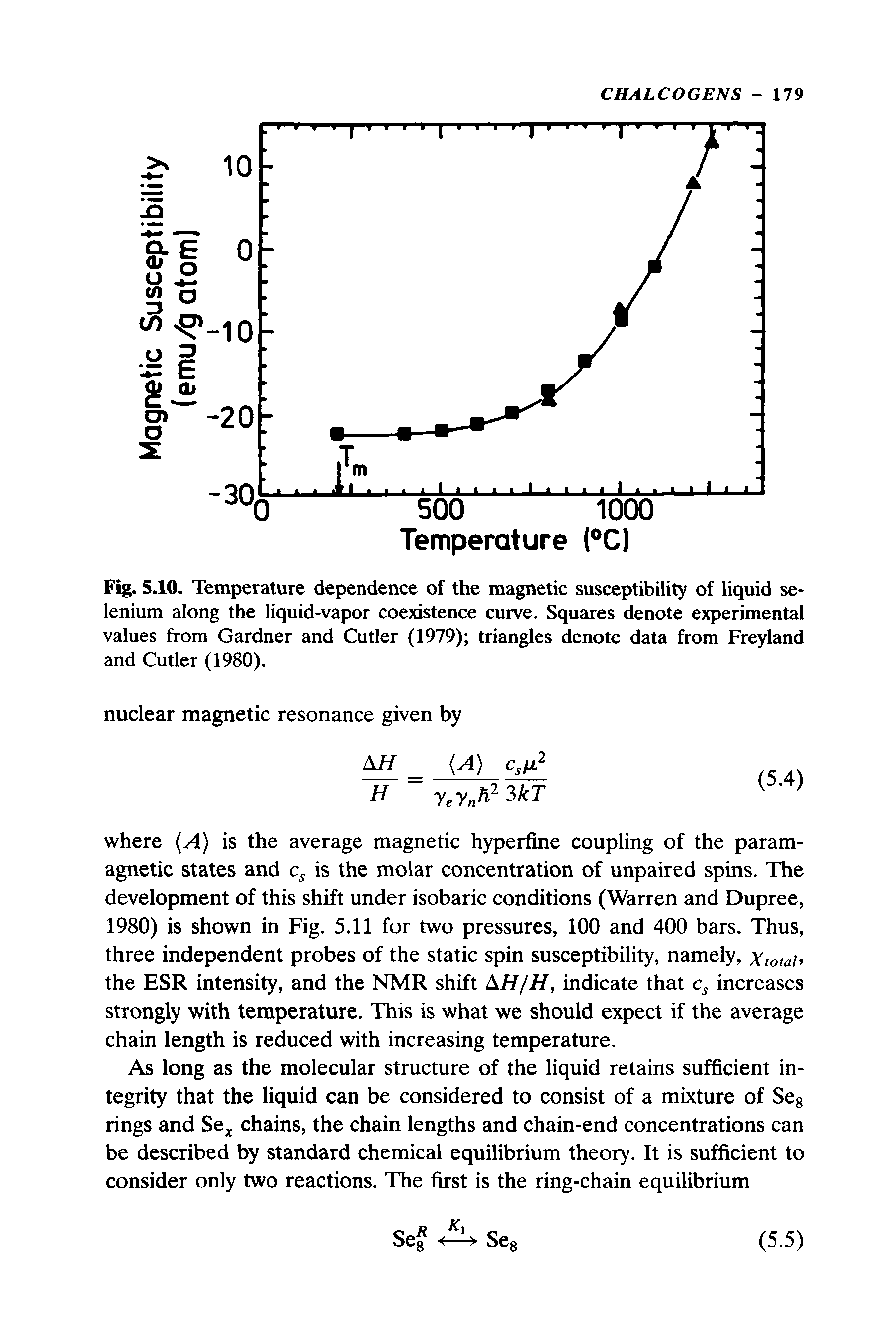 Fig. 5.10. Temperature dependence of the magnetic susceptibility of liquid selenium along the liquid-vapor coexistence curve. Squares denote experimental values from Gardner and Cutler (1979) triangles denote data from Freyland and Cutler (1980).