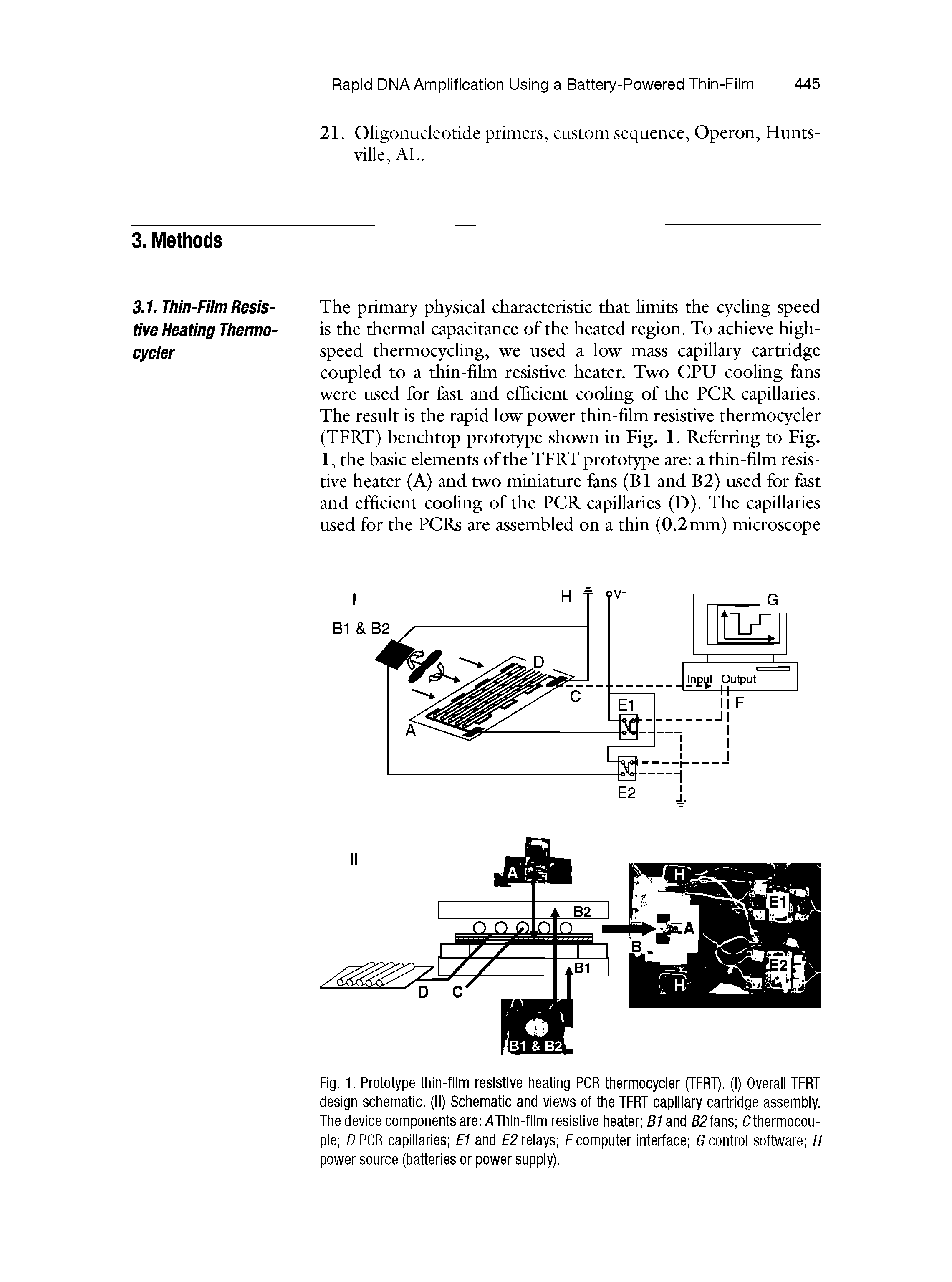 Fig. 1. Prototype thin-film resistive heating PCR thermocycler (TFRT). (I) Overall TFRT design schematic. (II) Schematic and views of the TFRT capillary cartridge assembly. The device components are 4 Thin-film resistive heater B1 and B2fans Cthermocou-ple D PCR capillaries E1 and E2 relays F computer interface 6 control software H power source (batteries or power supply).