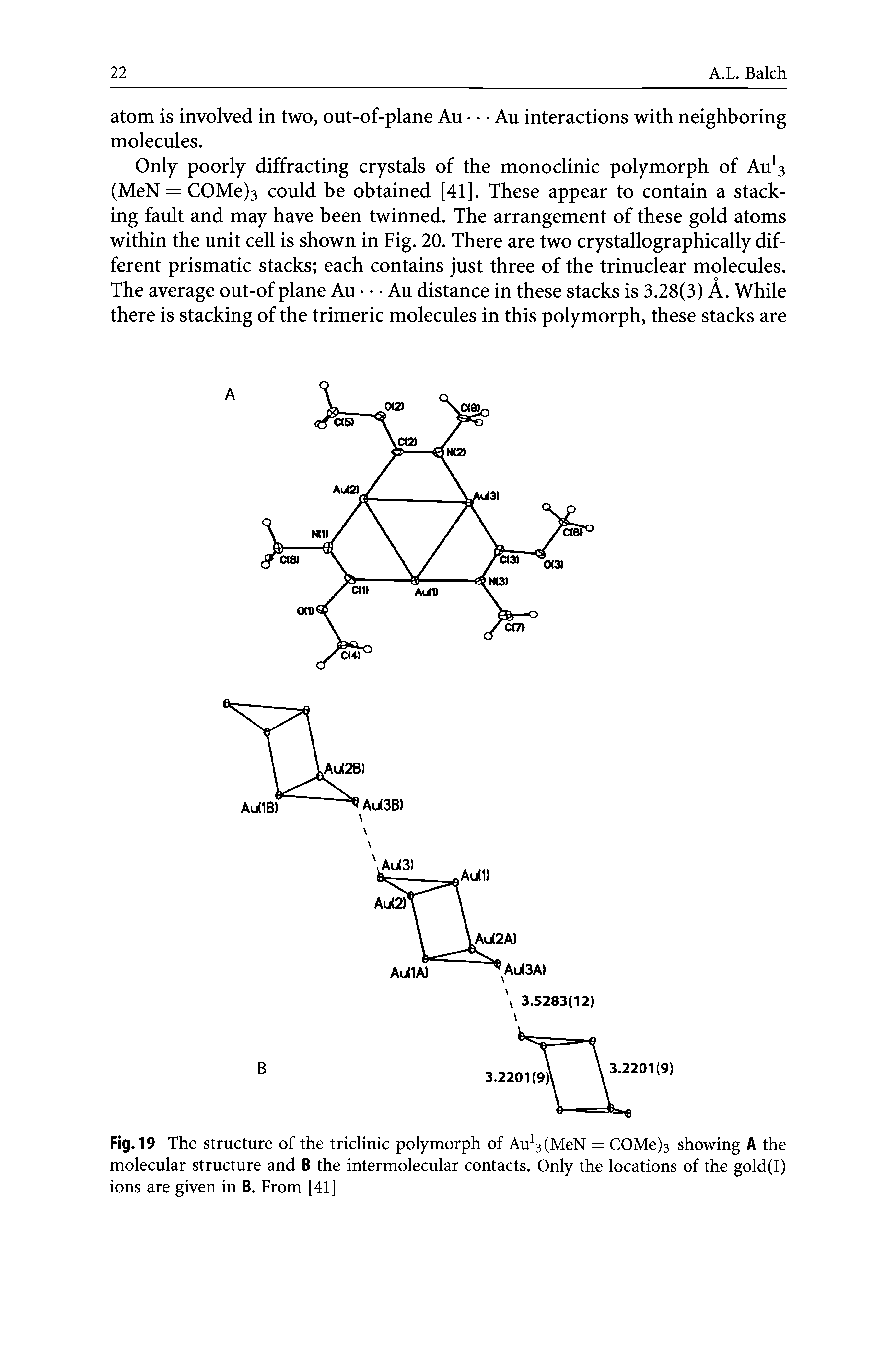 Fig. 19 The structure of the triclinic polymorph of Au MeN = COMe)3 showing A the molecular structure and B the intermolecular contacts. Only the locations of the gold(I) ions are given in B. From [41]...