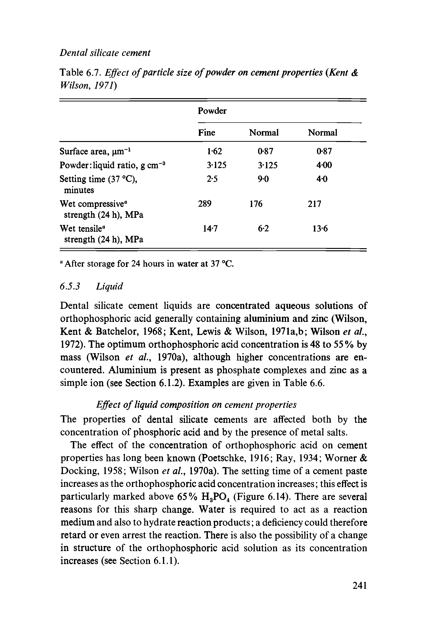 Table 6.7. Effect of particle size of powder on cement properties Kent Wilson, 1971)...