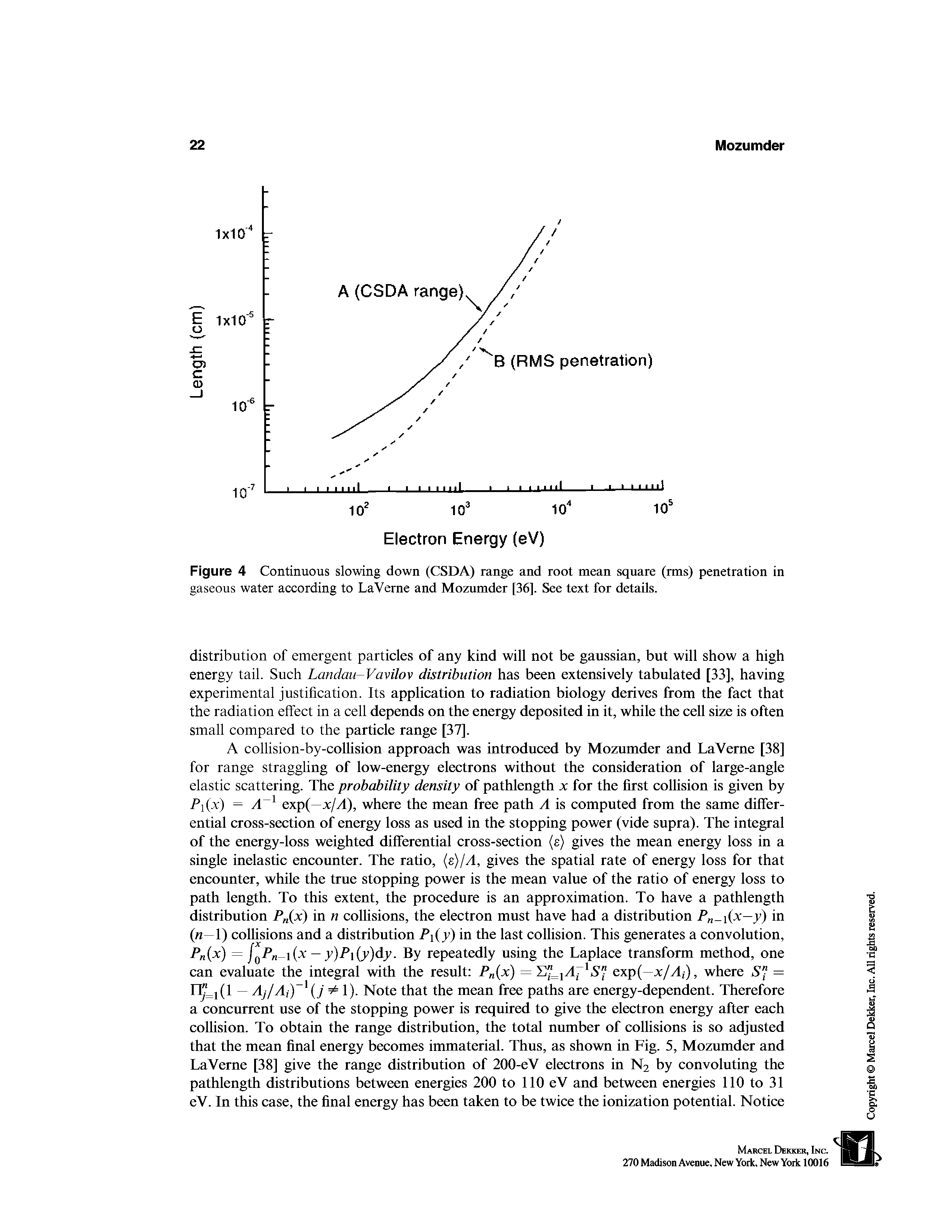 Figure 4 Continuous slowing down (CSDA) range and root mean square (rms) penetration in gaseous water according to LaVerne and Mozumder [36]. See text for details.
