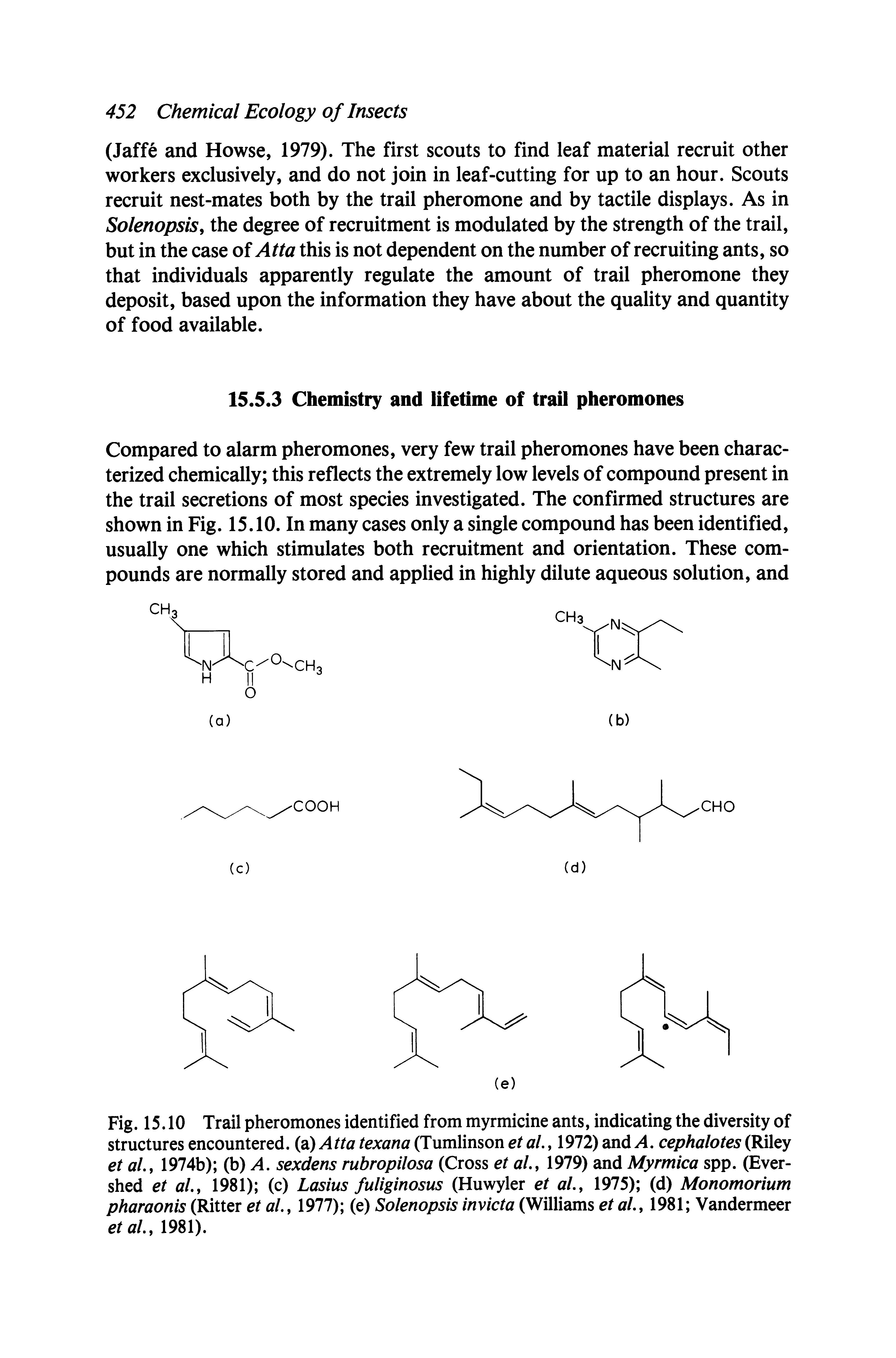 Fig. 15.10 Trail pheromones identified from myrmicine ants, indicating the diversity of structures encountered. ( l) Atta texana (Tumlinson et al., 1972) andcephalotes (Riley et al.y 1974b) (b) A. sexdens rubropilosa (Cross et aL, 1979) and Myrmica spp. (Ever-shed et al., 1981) (c) Lasius fuliginosus (Huwyler et al., 1975) (d) Monomorium pharaonis (Ritter et al., 1977) (e) Solenopsis invicta (Williams et a/., 1981 Vandermeer etal., 1981).