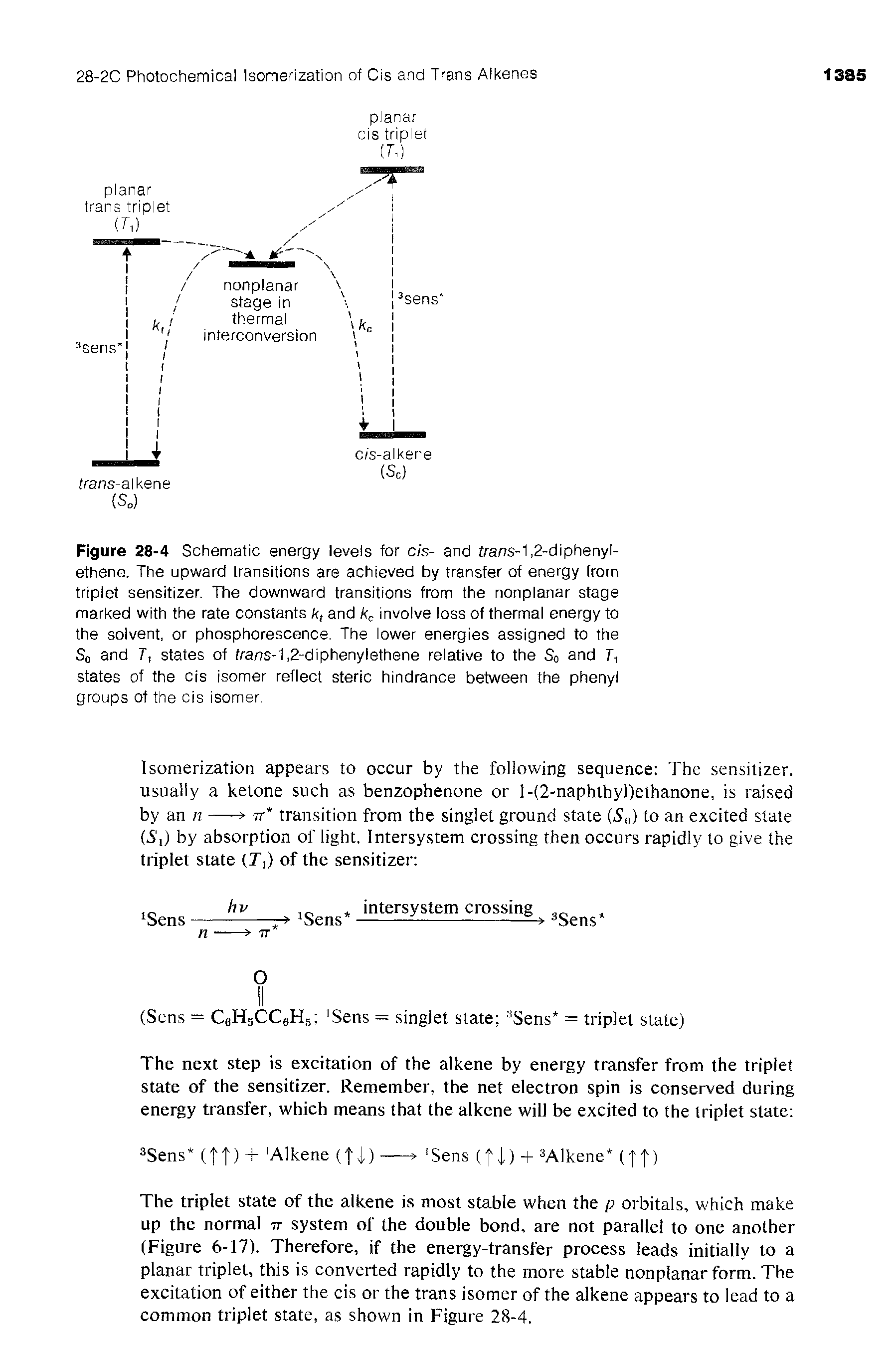 Figure 28-4 Schematic energy levels for cis- and fra/7S-1,2-diphenyl-ethene. The upward transitions are achieved by transfer of energy from triplet sensitizer. The downward transitions from the nonplanar stage marked with the rate constants k, and kc involve loss of thermal energy to the solvent, or phosphorescence. The lower energies assigned to the S0 and T, states of frans-1,2-diphenylethene relative to the So and T, states of the cis isomer reflect steric hindrance between the phenyl groups of the cis isomer.