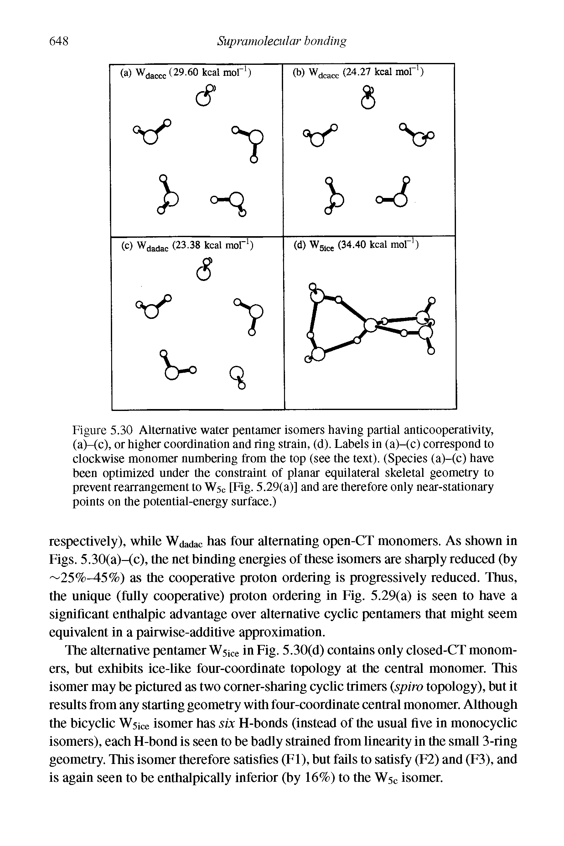 Figure 5.30 Alternative water pentamer isomers having partial anticooperativity, (a)-(c), or higher coordination and ring strain, (d). Labels in (a)-(c) correspond to clockwise monomer numbering from the top (see the text). (Species (a)-(c) have been optimized under the constraint of planar equilateral skeletal geometry to prevent rearrangement to Wsc [Fig. 5.29(a)] and are therefore only near-stationary points on the potential-energy surface.)...