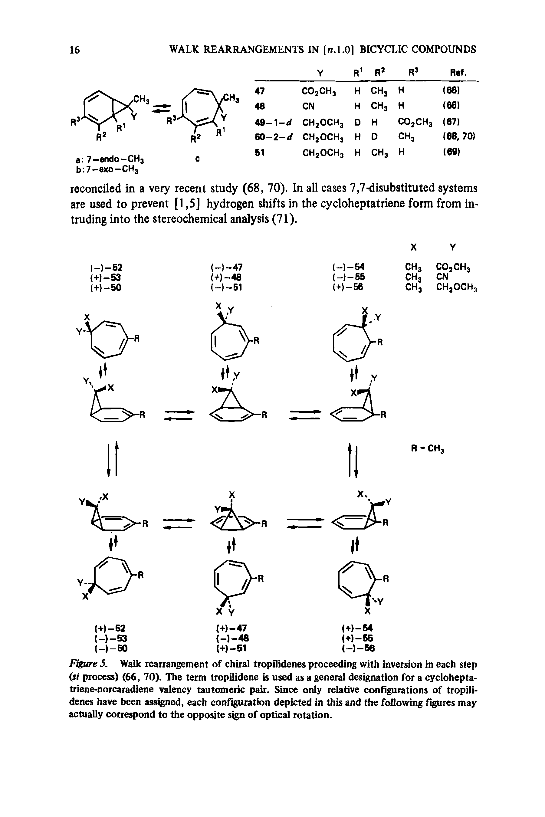 Figure 5. Walk rearrangement of chiral tropilidenes proceeding with inversion in each step (si process) (66, 70). The term tropilidene is used as a general designation for a cyclohepta-triene-norcaradiene valency tautomeric pair. Since only relative configurations of tropili-denes have been assigned, each configuration depicted in this and the following figures may actually correspond to the opposite sign of optical rotation.