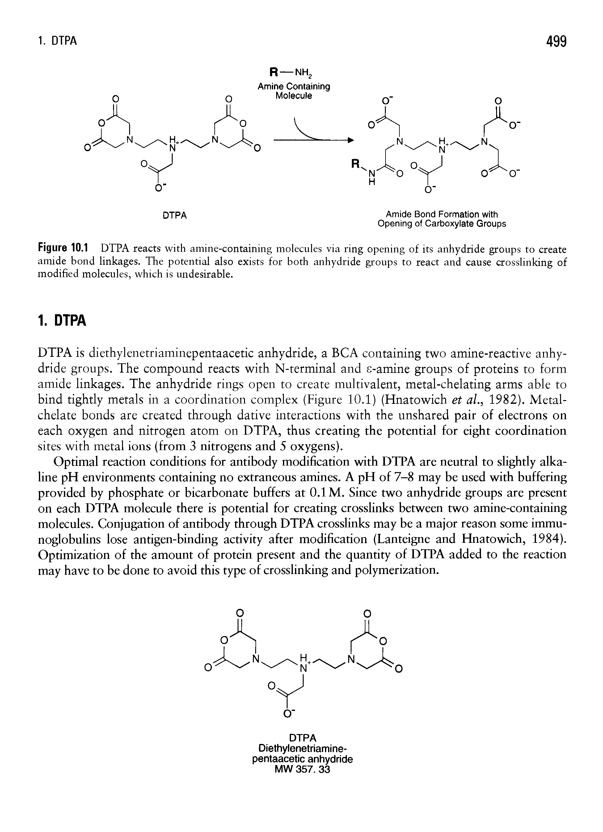 Figure 10.1 DTPA reacts with amine-containing molecules via ring opening of its anhydride groups to create amide bond linkages. The potential also exists for both anhydride groups to react and cause crosslinking of modified molecules, which is undesirable.