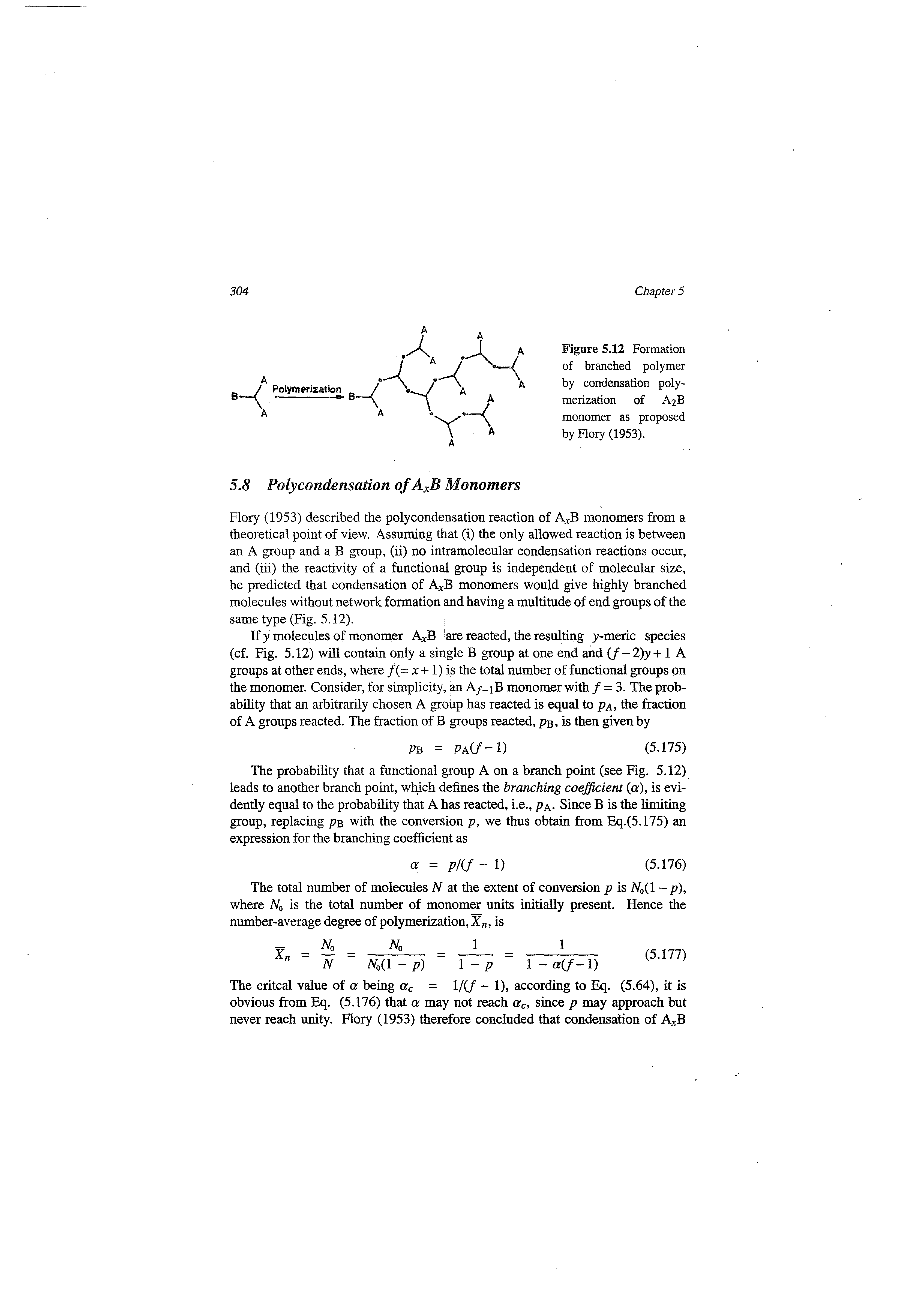 Figure 5.12 Formation of branched polymer by condensation polymerization of A2B monomer as proposed by Flory (1953).