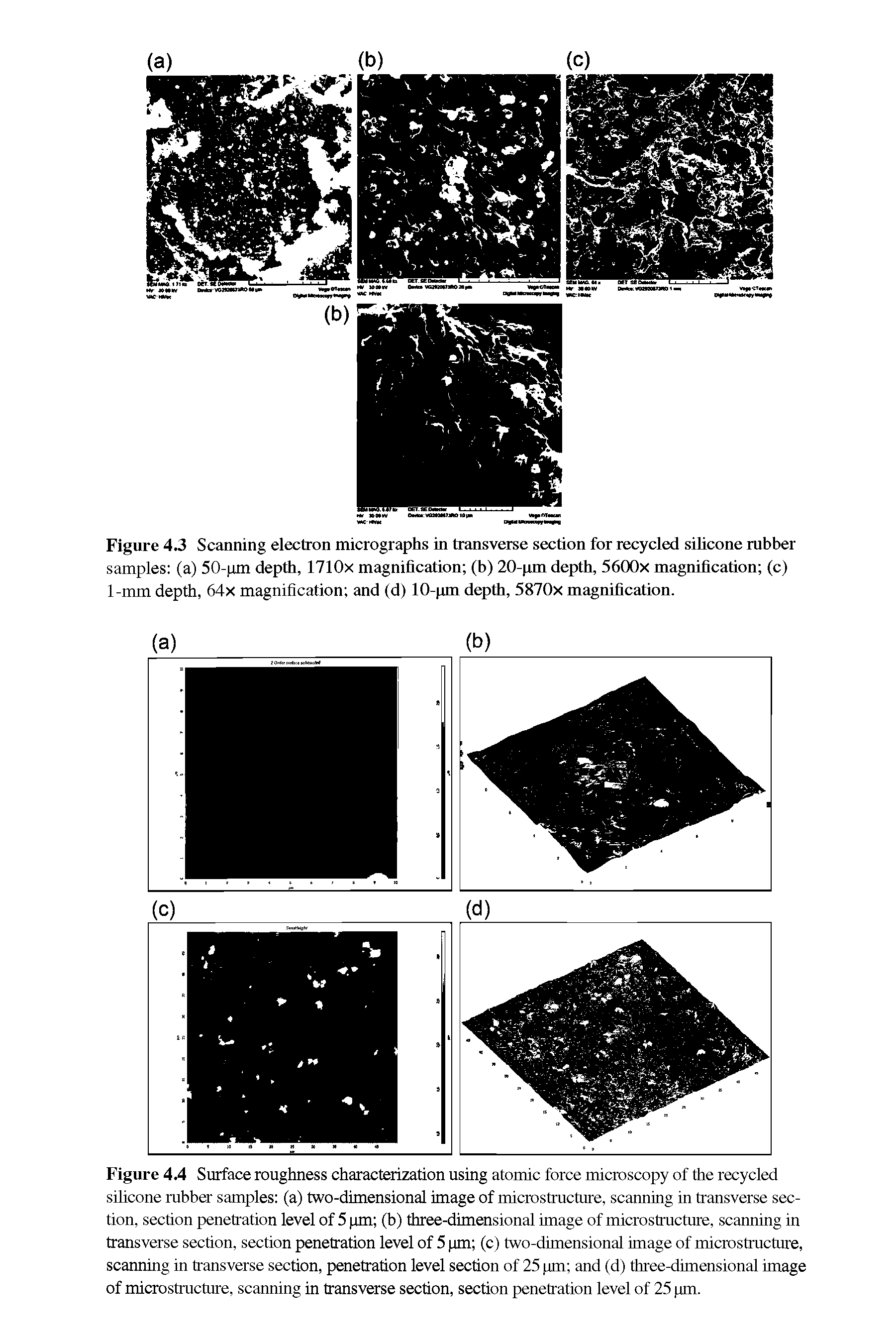 Figure 4.4 Surface roughness characterization using atomic force microscopy of the recycled silicone rubber samples (a) two-dimensional image of microstructure, scanning in transverse section, section penetration level of 5 pm (b) three-dimensional image of microstructure, scanning in transverse section, section penetration level of 5 pm (c) two-dimensional image of microstructure, scanning in hansverse section, penetration level section of 25 pm and (d) three-dimensional image of microstructure, scanning in transverse section, section penehation level of 25 pm.