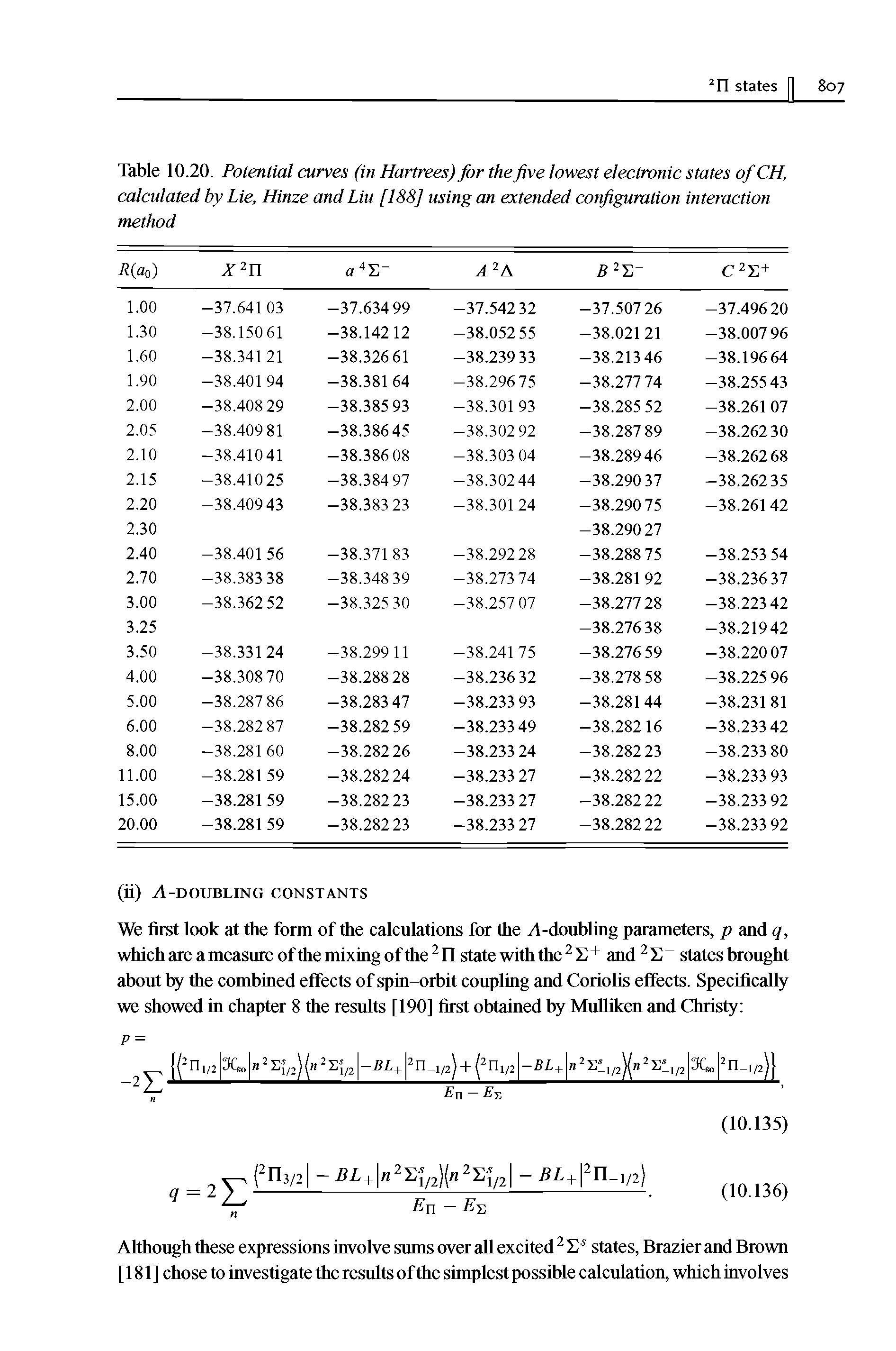 Table 10.20. Potential curves (in Hartrees) for the five lowest electronic states of CH, calculated by Lie, Hinze and Liu [188] using an extended configuration interaction method...