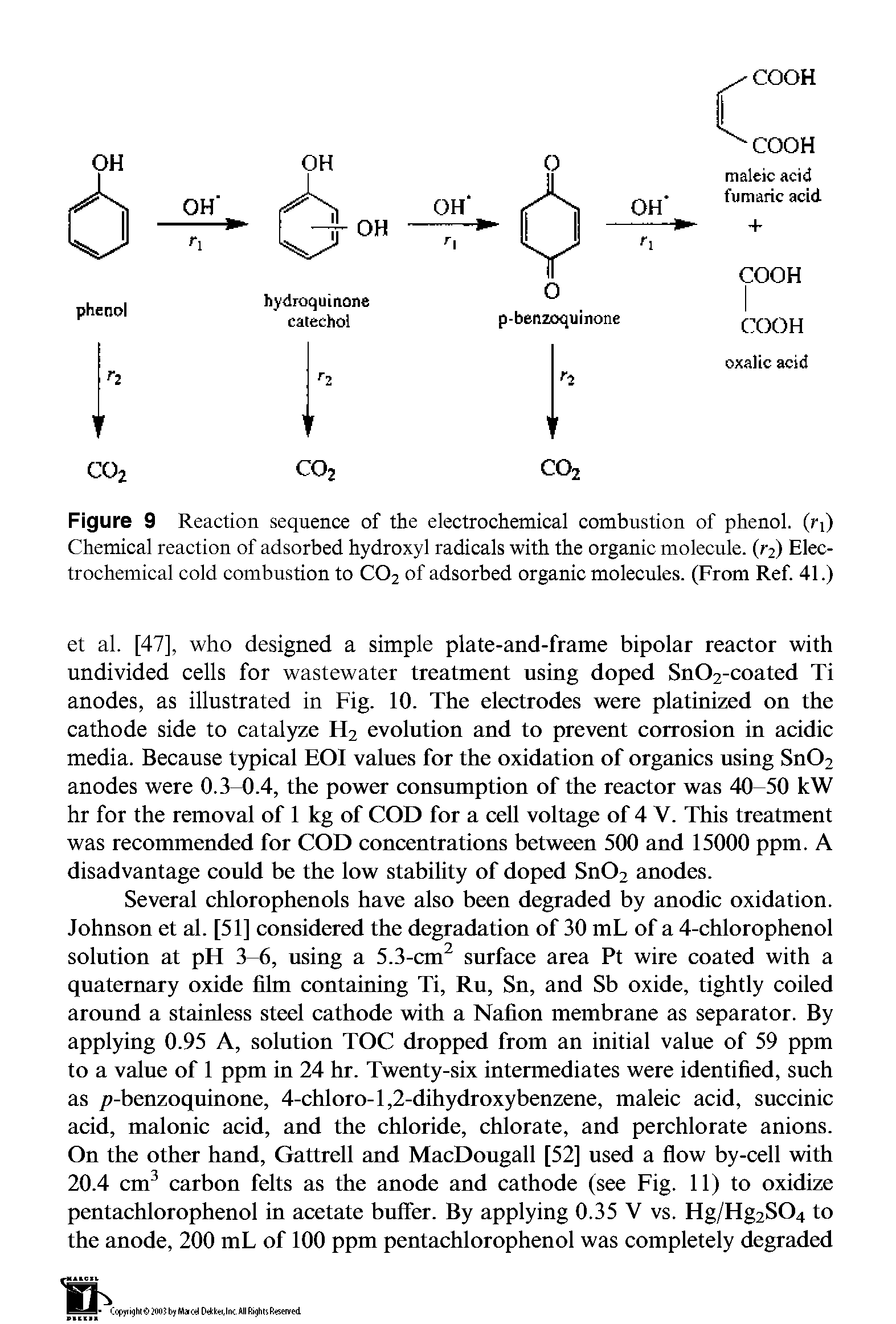 Figure 9 Reaction sequence of the electrochemical combustion of phenol. (>i) Chemical reaction of adsorbed hydroxyl radicals with the organic molecule. (r2) Electrochemical cold combustion to CO, of adsorbed organic molecules. (From Ref. 41.)...