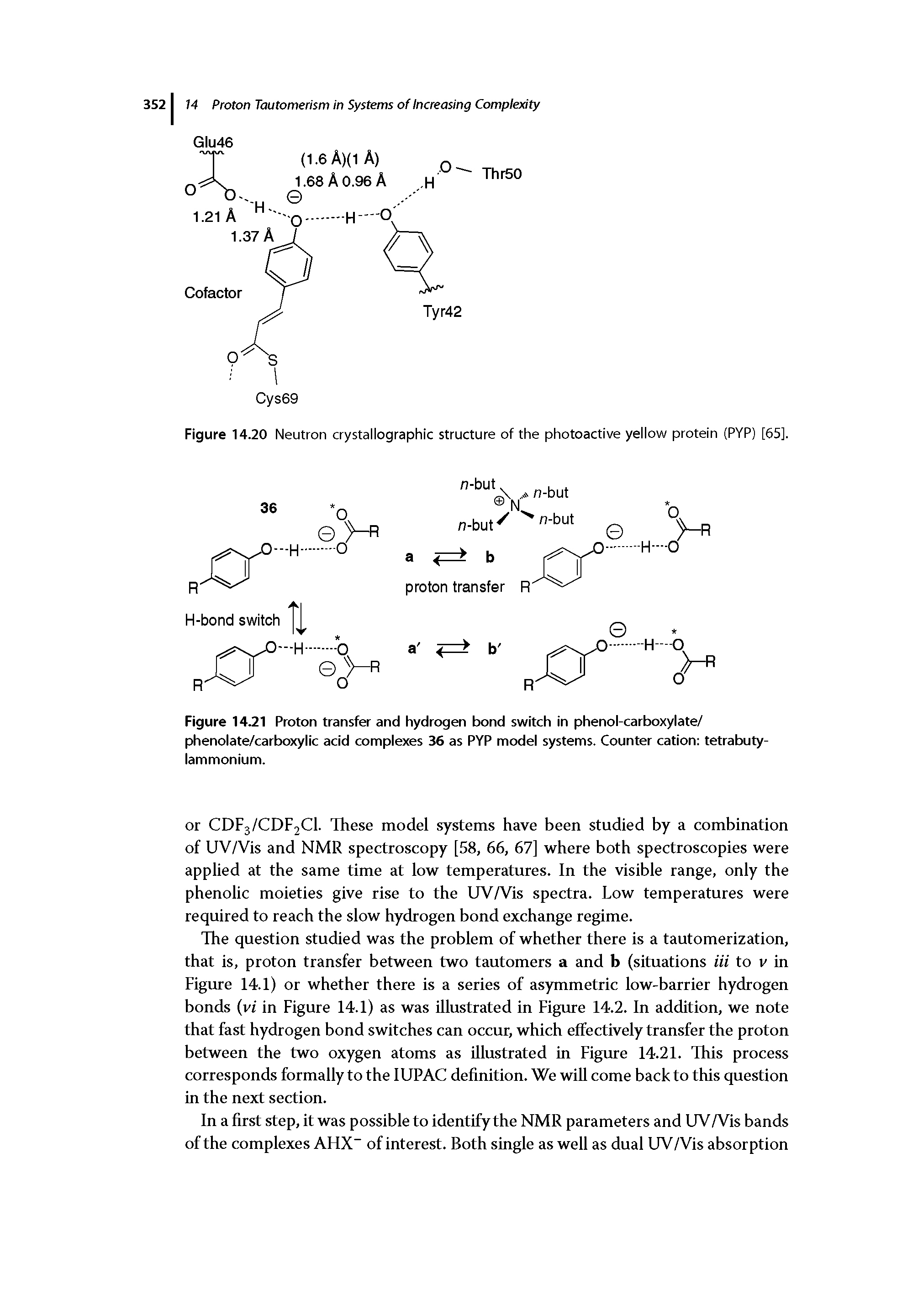 Figure 14.21 Proton transfer and hydrogen bond switch in phenol-carboxylate/ phenolate/carboxylic acid complexes 36 as PYP model systems. Counter cation tetrabuty-lammonium.