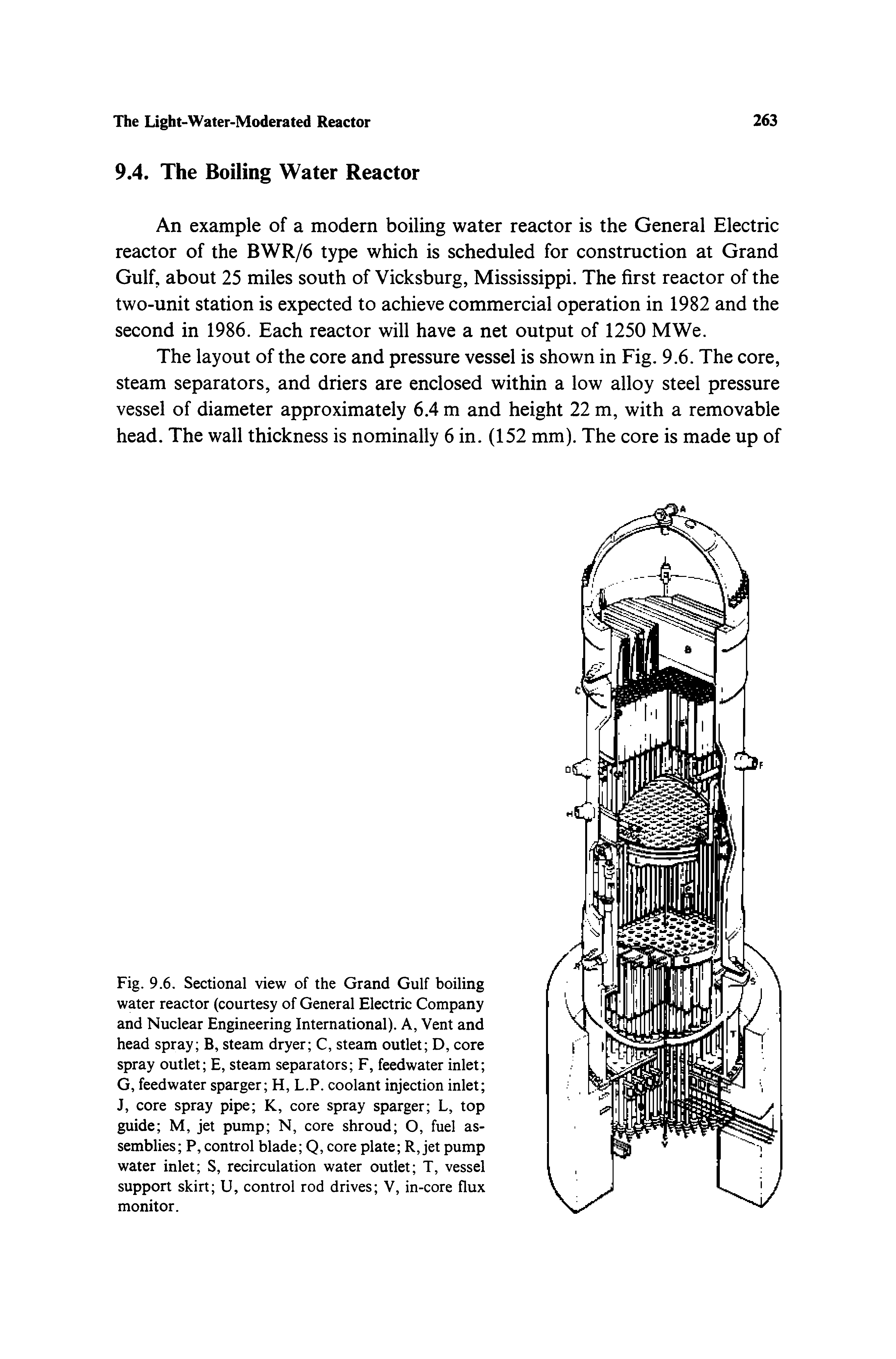 Fig. 9.6, Sectional view of the Grand Gulf boiling water reactor (courtesy of General Electric Company and Nuclear Engineering International). A, Vent and head spray B, steam dryer C, steam outlet D, core spray outlet E, steam separators F, feedwater inlet G, feedwater sparger H, L.P. coolant injection inlet J, core spray pipe K, core spray sparger L, top guide M, jet pump N, core shroud O, fuel assemblies P, control blade Q, core plate R, jet pump water inlet S, recirculation water outlet T, vessel support skirt U, control rod drives V, in-core flux monitor.