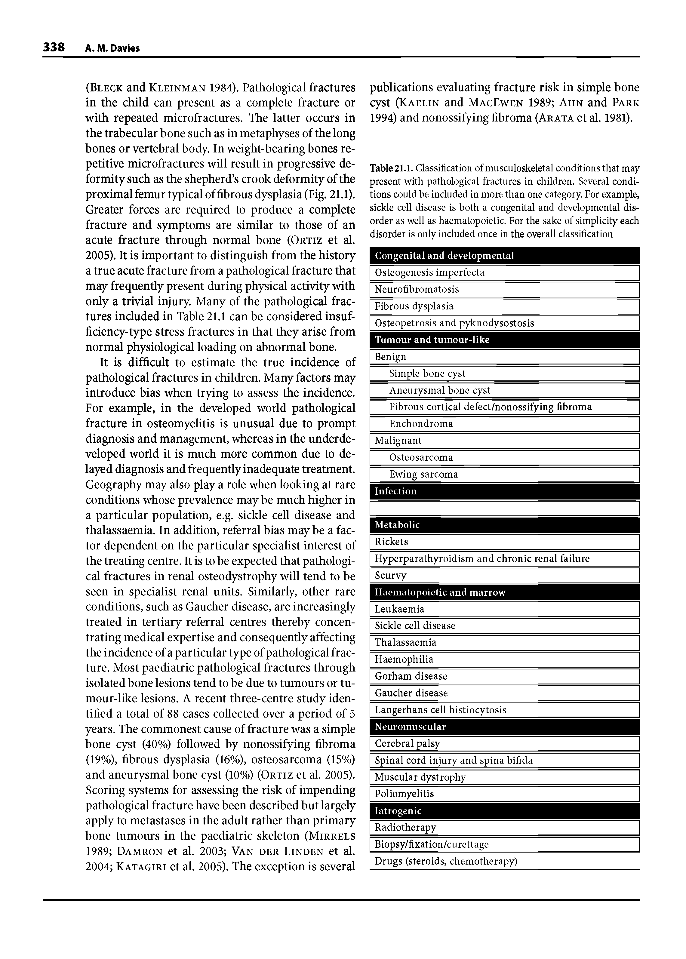 Table 2I.I. Classification of musculoskeletal conditions that may present with pathological fractures in children. Several conditions could be included in more than one category. For example, sickle cell disease is both a congenital and developmental disorder as well as haematopoietic. For the sake of simplicity each disorder is only included once in the overall classification...