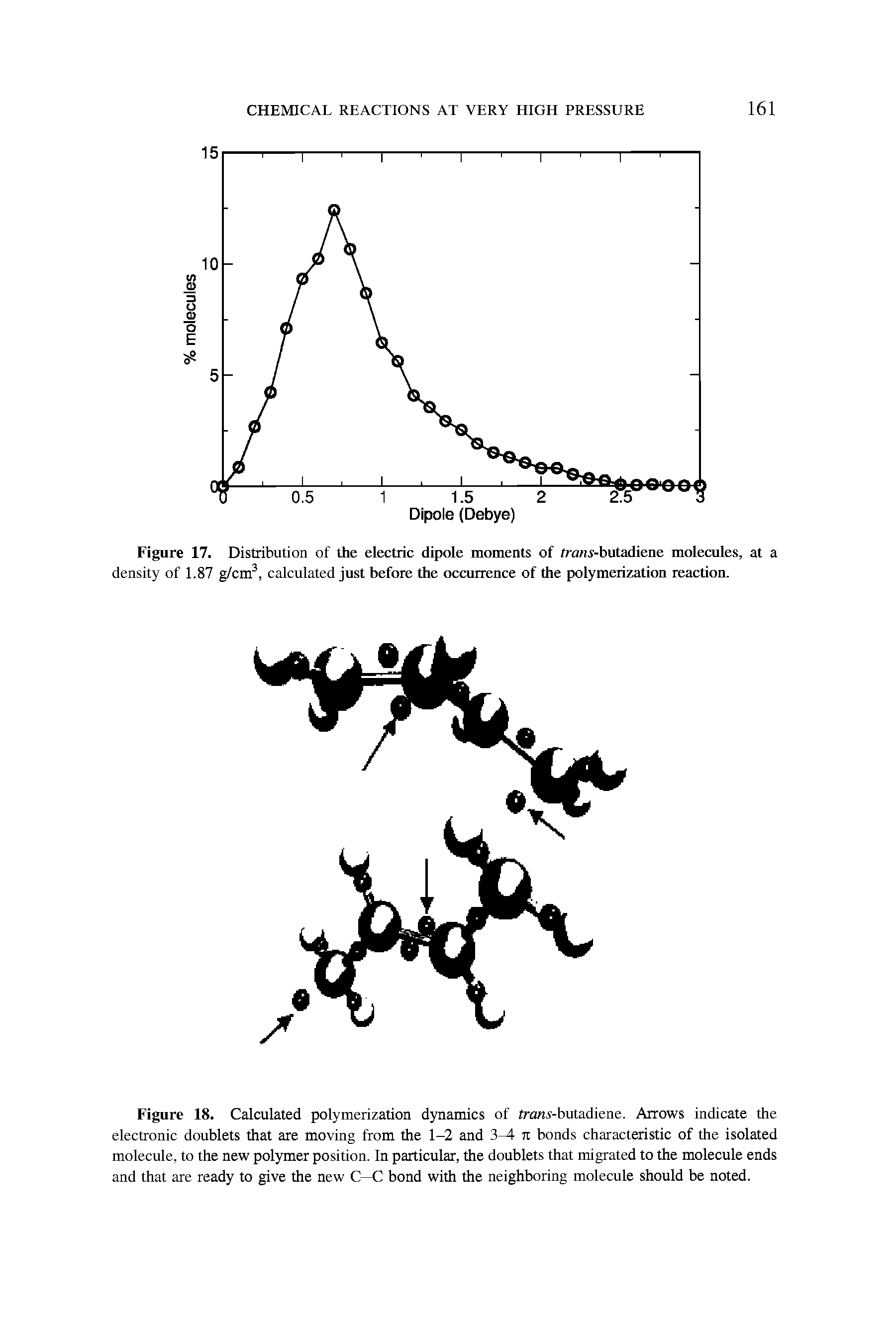 Figure 18. Calculated polymerization dynamics of trcin -butadiene. Arrows indicate the electronic doublets that are moving from the 1-2 and 3 7t bonds characteristic of the isolated molecule, to the new polymer position. In particular, the doublets that migrated to the molecule ends and that are ready to give the new C—C bond with the neighboring molecule should be noted.