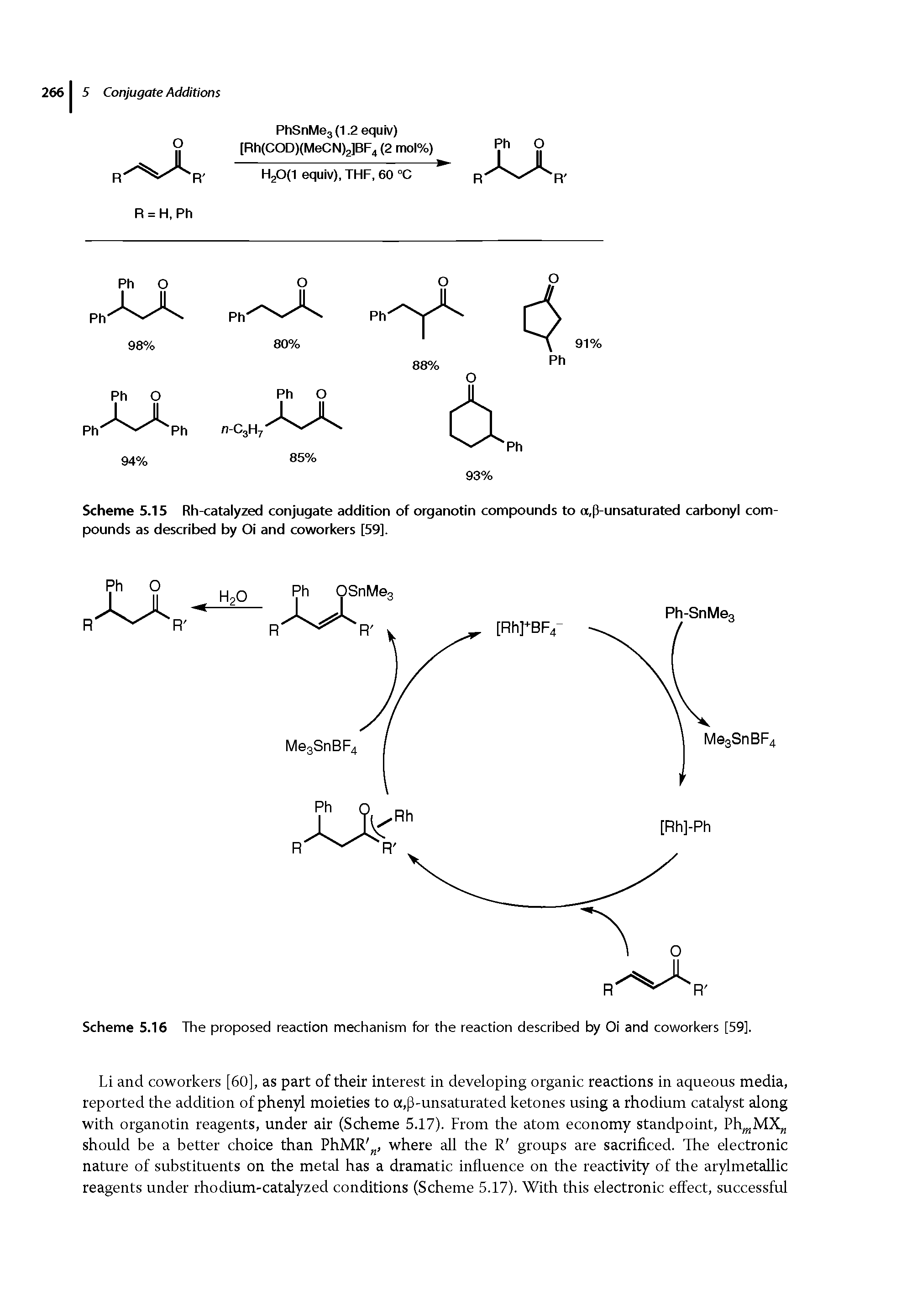 Scheme 5.15 Rh-catalyzed conjugate addition of organotin compounds to a,fi-unsaturated carbonyl compounds as described by Oi and coworkers [59],...