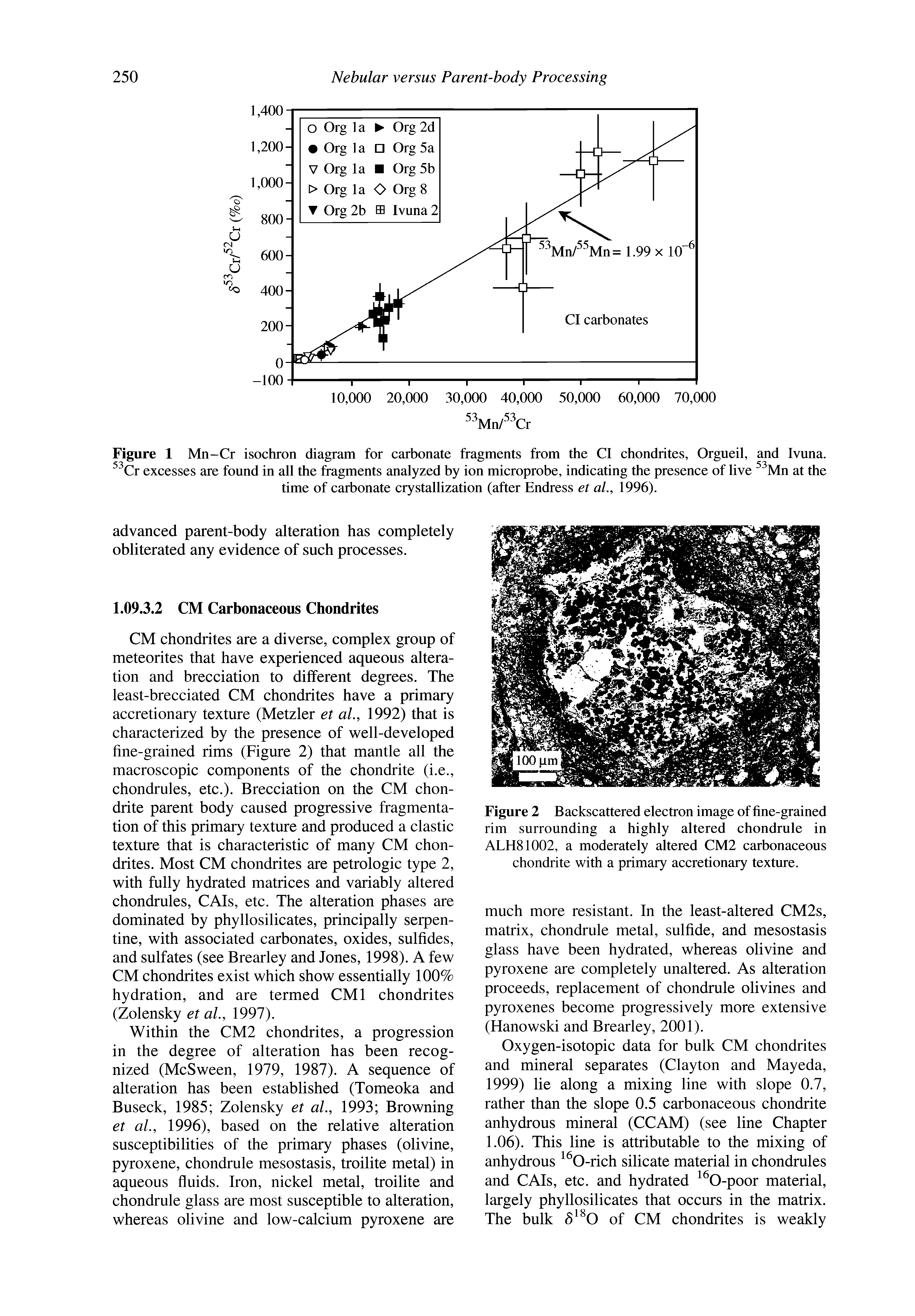 Figure 1 Mn-Cr isochron diagram for carbonate fragments from the Cl chondrites, Orgueil, and Ivuna. Cr excesses are found in all the fragments analyzed by ion microprobe, indicating the presence of live Mn at the time of carbonate crystallization (after Endress et aL, 1996).