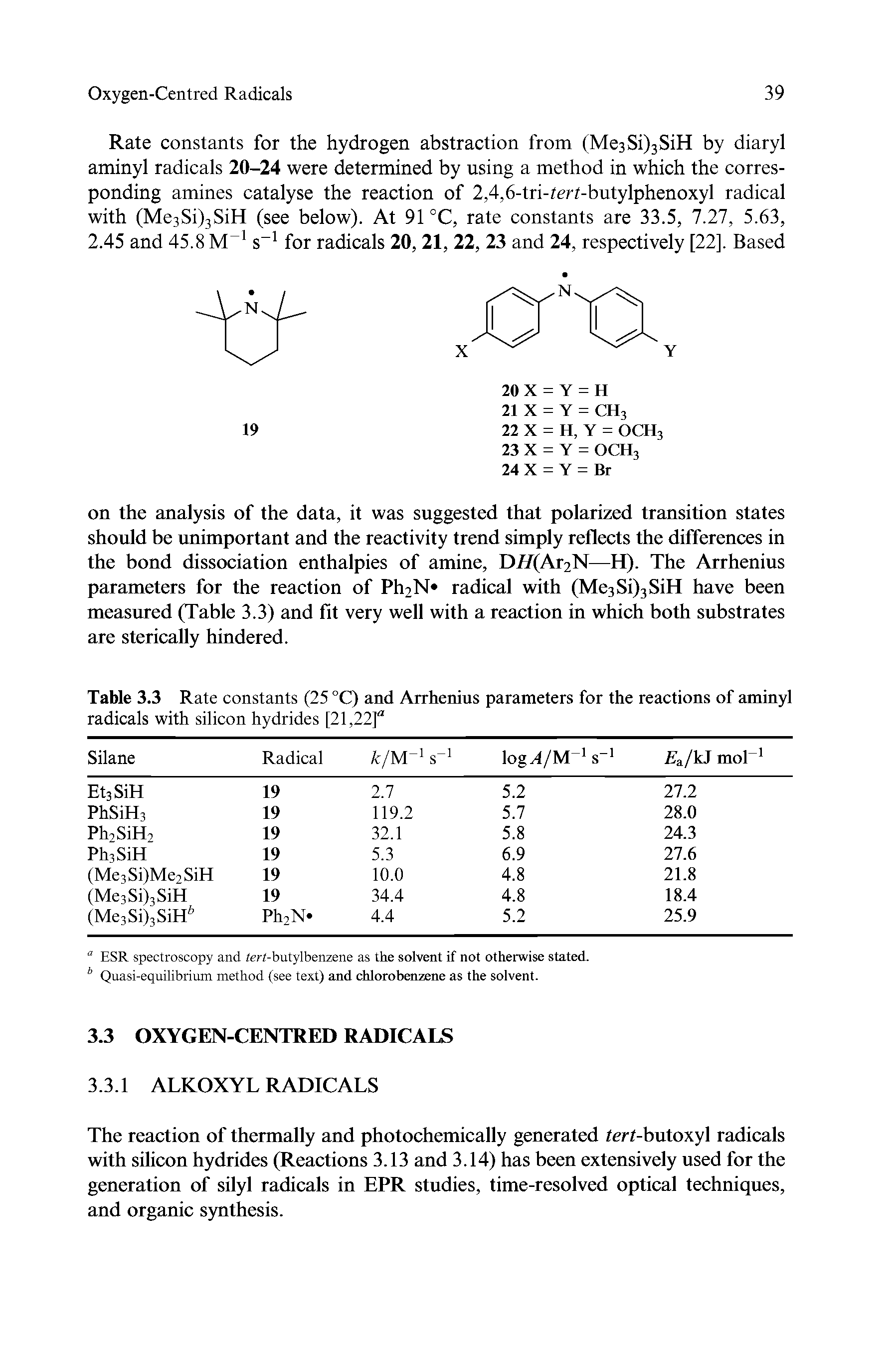 Table 3.3 Rate constants (25 °C) and Arrhenius parameters for the reactions of aminyl radicals with silicon hydrides [21,22] ...
