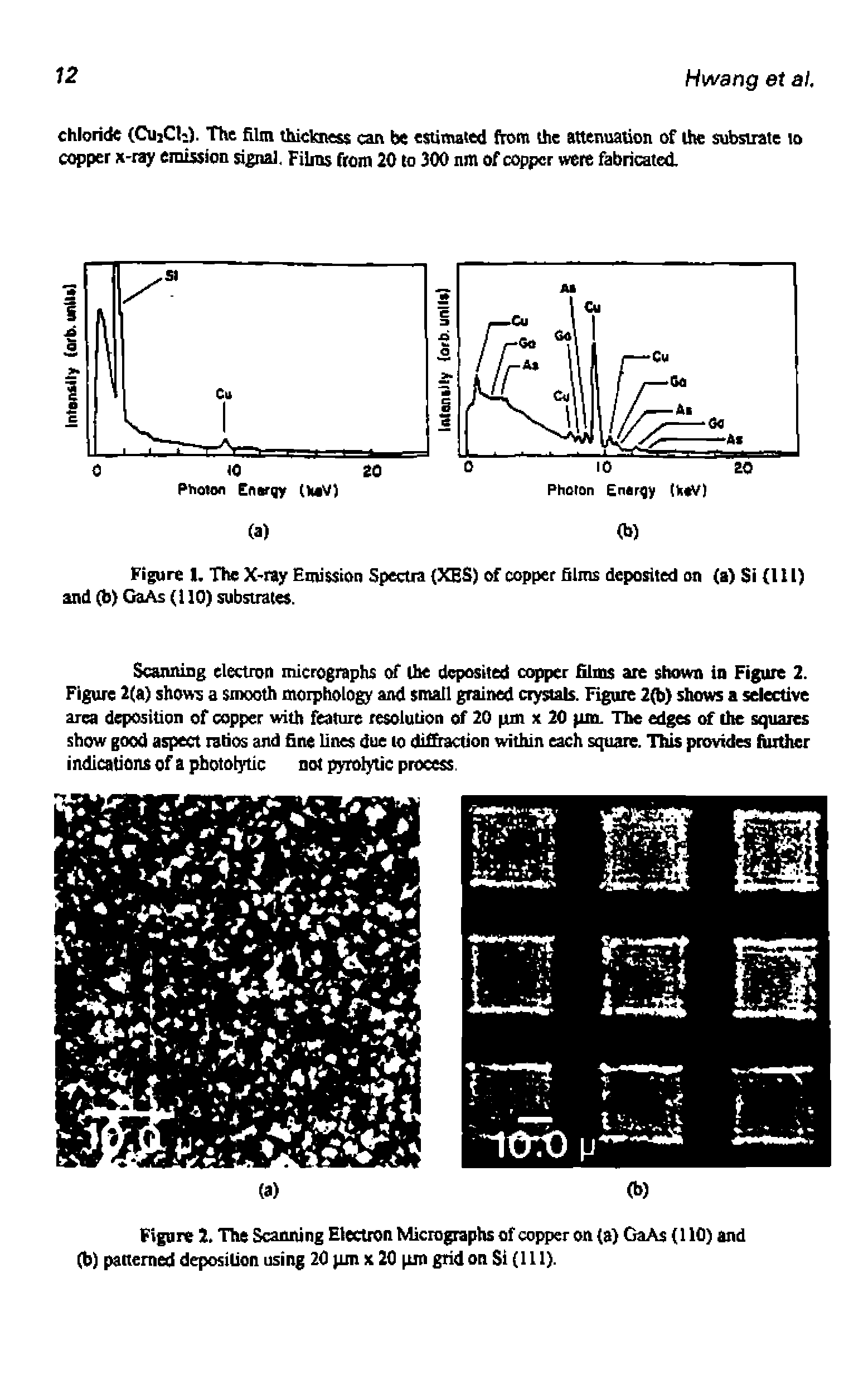 Figure 2. The Scanning Electron Micrographs of copper on (a) GaAs (110) and (b) patterned deposition using 20 pm x 20 pm grid on SI (111).