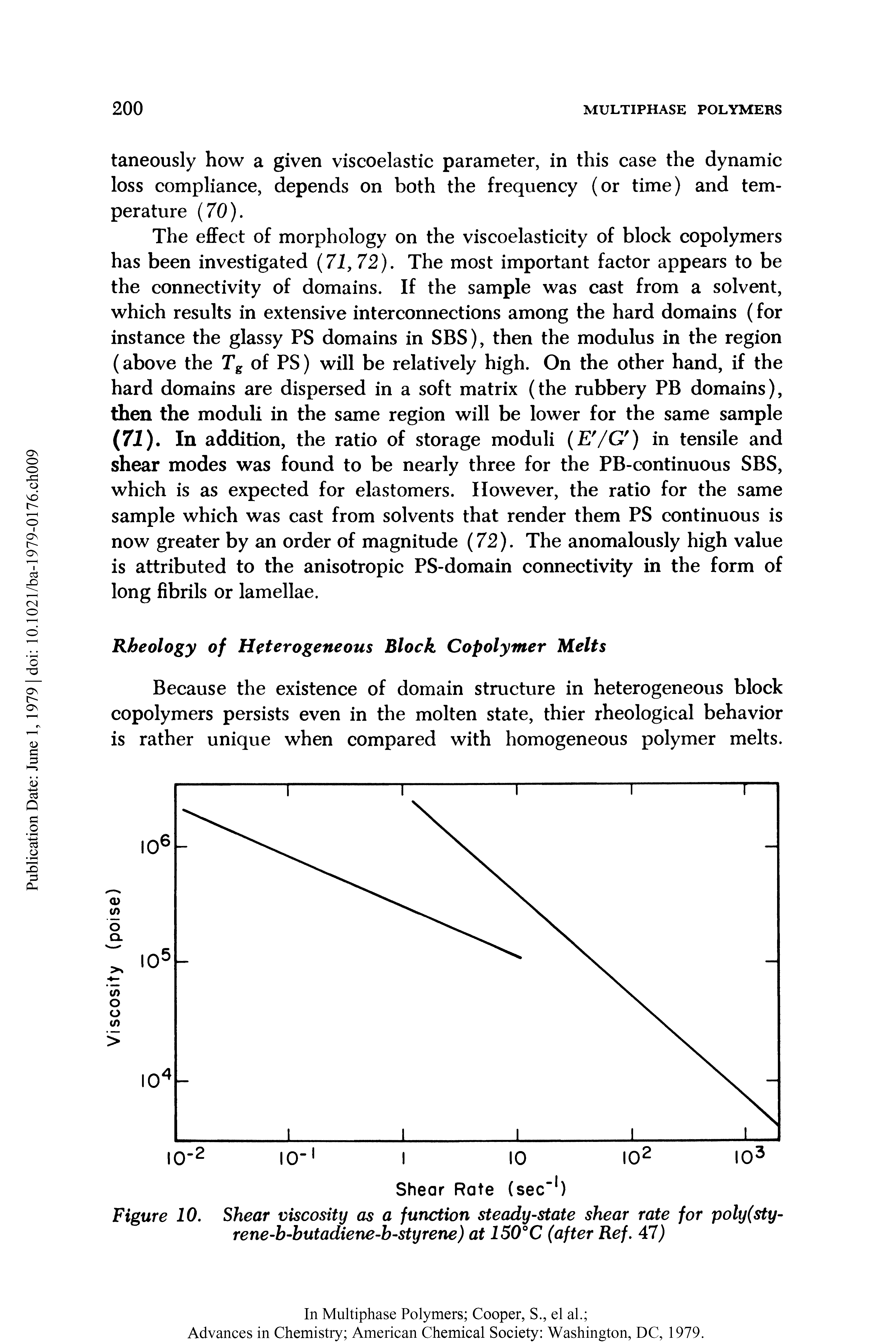 Figure 10. Shear viscosity as a function steady-state shear rate for poly(sty-rene-b-butadiene-b-styrene) at 150°C (after Ref. 47)...