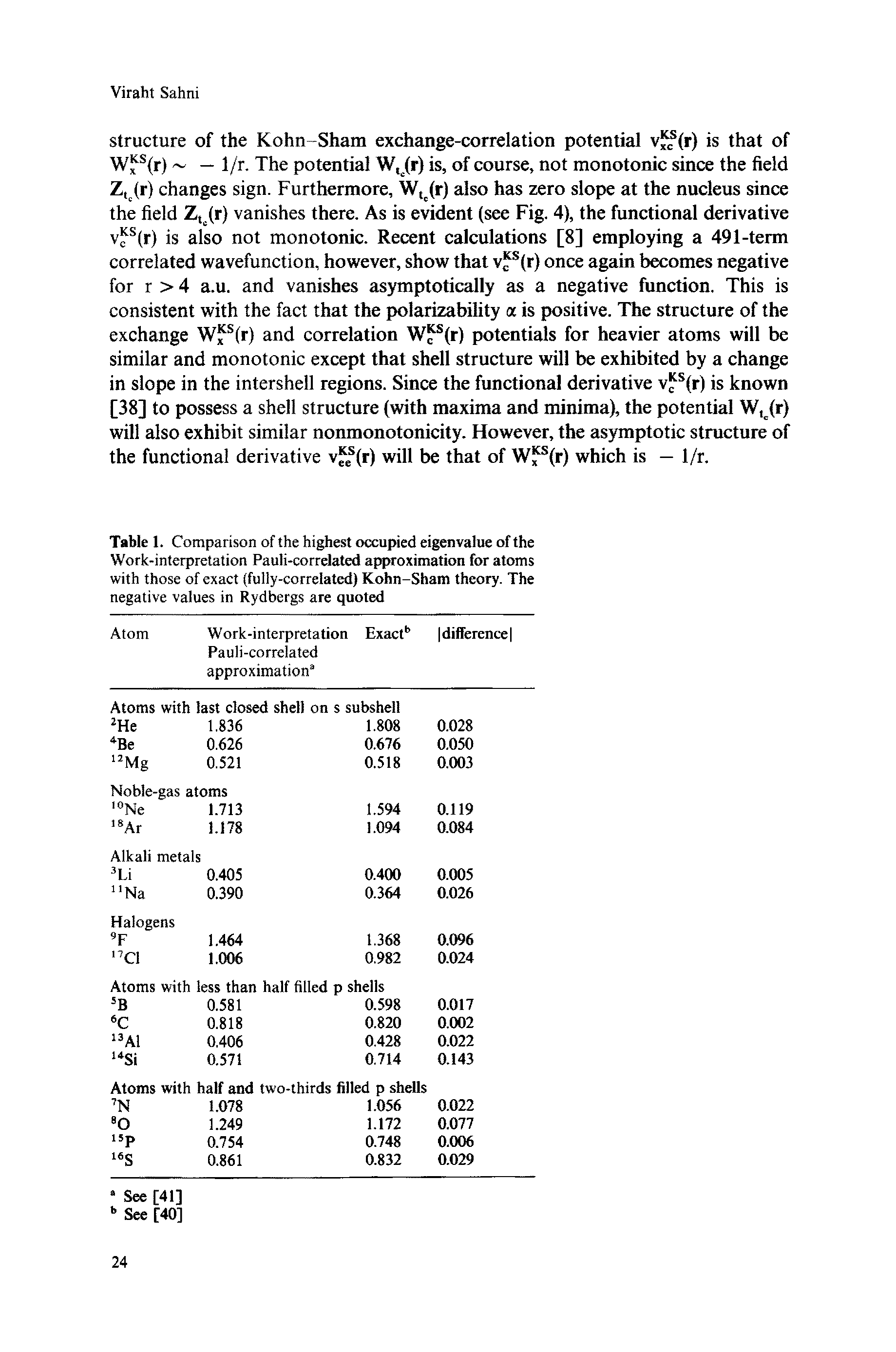 Table 1. Comparison of the highest occupied eigenvalue of the Work-interpretation Pauli-correlated approximation for atoms with those of exact (fully-correlated) Kohn-Sham theory. The negative values in Rydbergs are quoted...