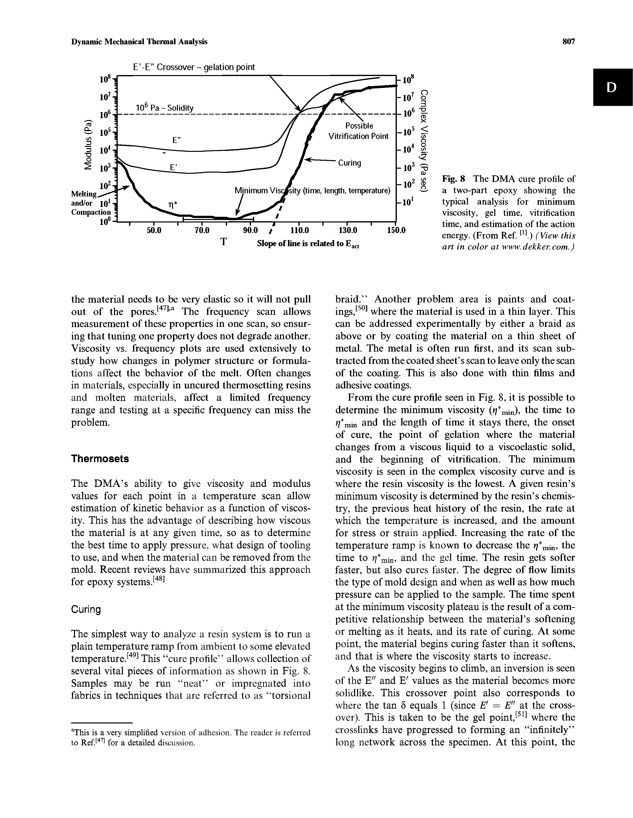 Fig. 8 The DMA cure profile of a two-part epoxy showing the tyrpical analysis for minimum viscosity, gel time, vitrification time, and estimation of the action energy. (From Ref l) (View this art in color at www.dekker.com.)...