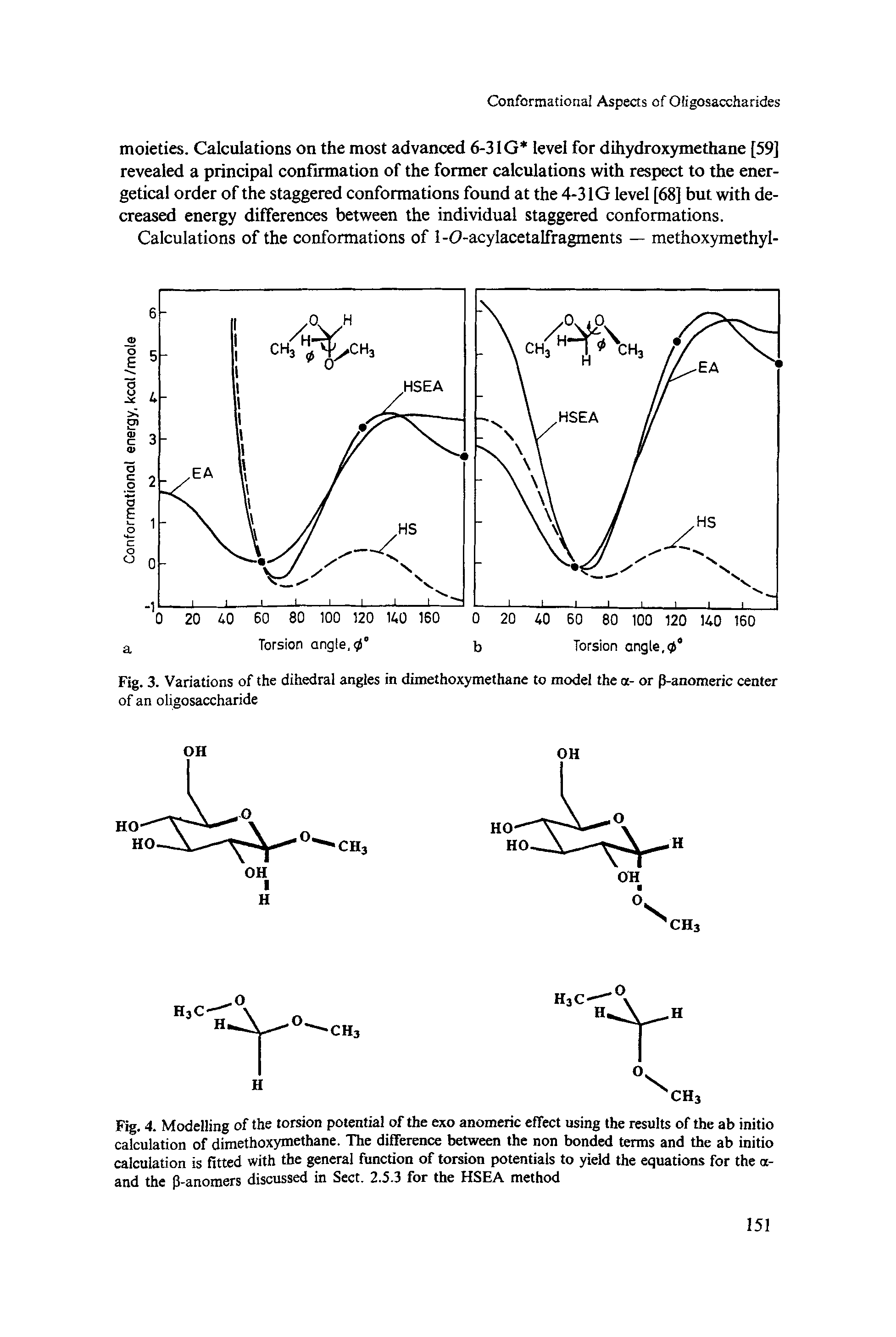 Fig. 4. Modelling of the torsion potential of the exo anomeric effect using the results of the ab initio calculation of dimethoxymethane. The difference between the non bonded terms and the ab initio calculation is fitted with the general function of torsion potentials to yield the equations for the oc-and the P-anomers discussed in Sect. 2.5.3 for the HSEA method...