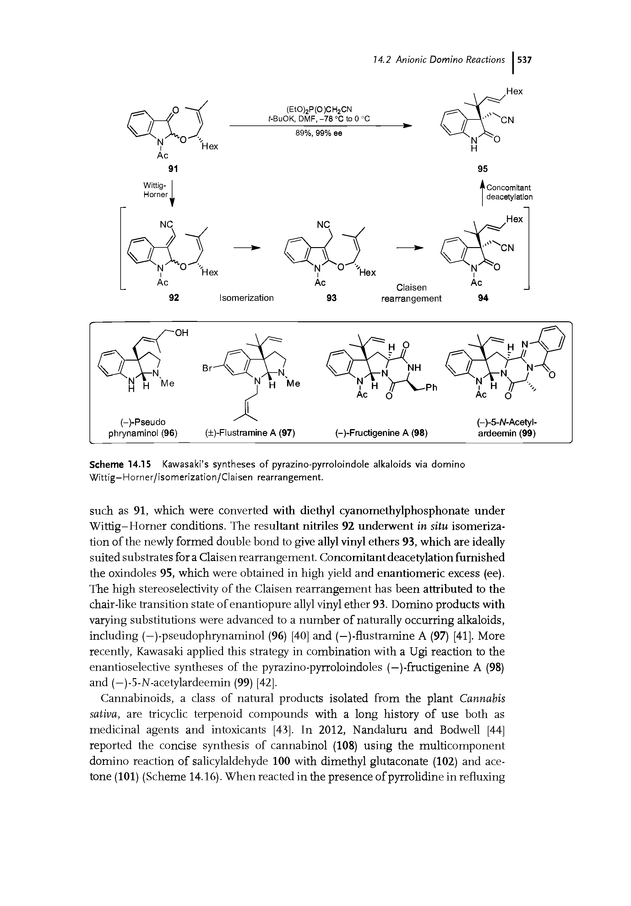 Scheme 14.15 Kawasaki s syntheses of pyrazino-pyrroloindole alkaloids via domino Wittig-Horner/isomerization/Claisen rearrangement.