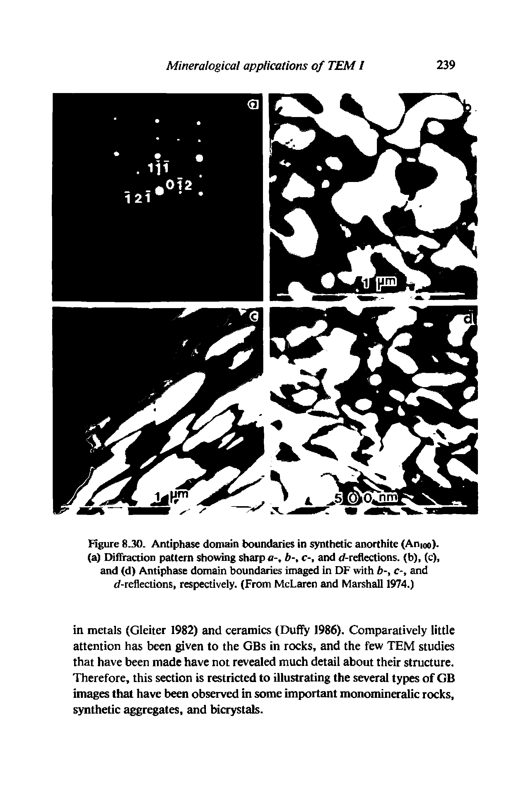 Figure 8.30. Antiphase domain boundaries in synthetic anorthite (Anioo). (a) Difiraction pattern showing sharp a-, b-, c-, and -reflections, (b), (c), and (d) Antiphase domain boundaries imaged in DF with b-, c-, and -reflections, respectively. (From McLaren and Marshall 1974.)...