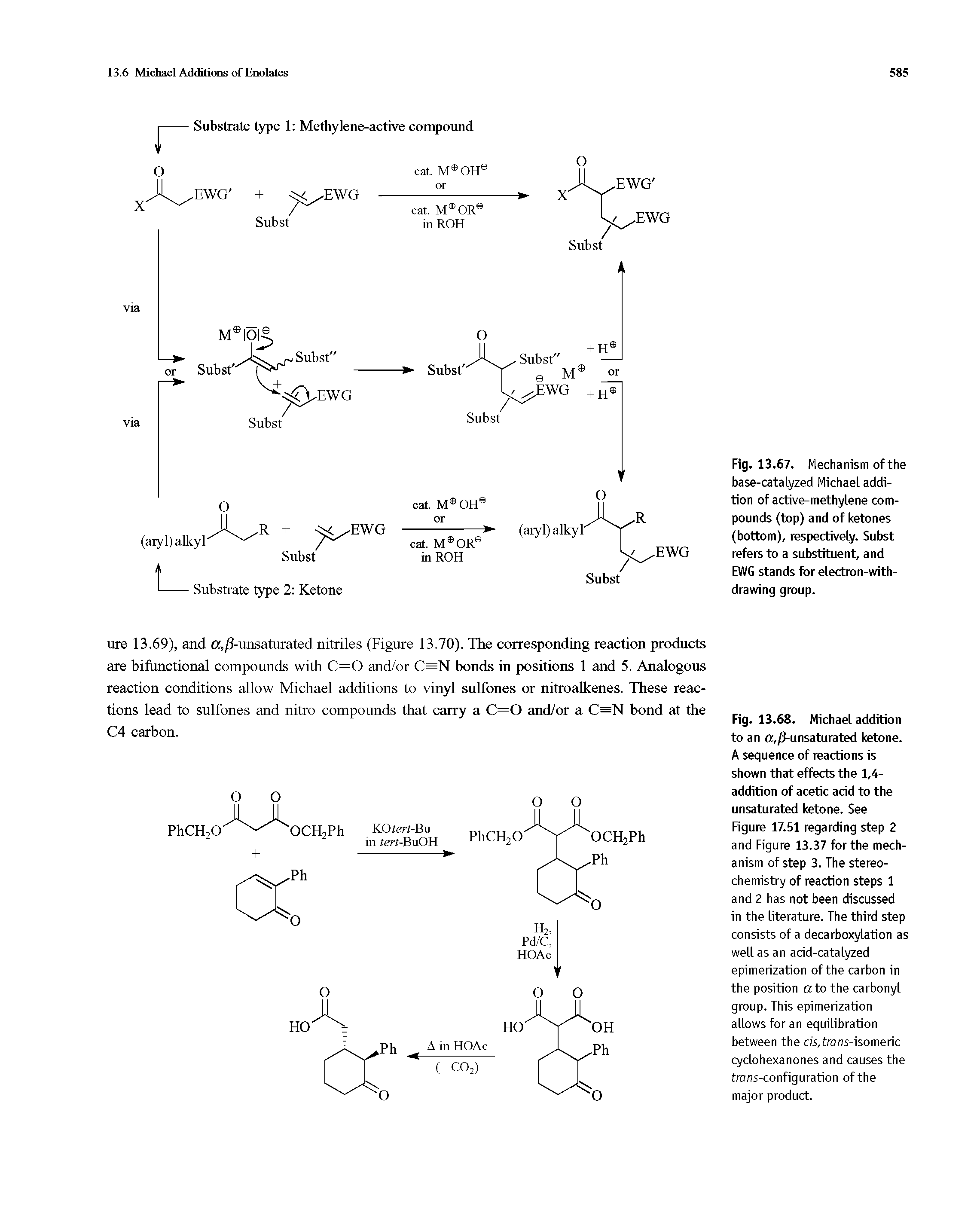 Fig. 13.67. Mechanism of the base-catalyzed Michael addition of active-methylene compounds (top) and of ketones (bottom), respectively. Subst refers to a substituent, and EWG stands for electron-with-drawing group.