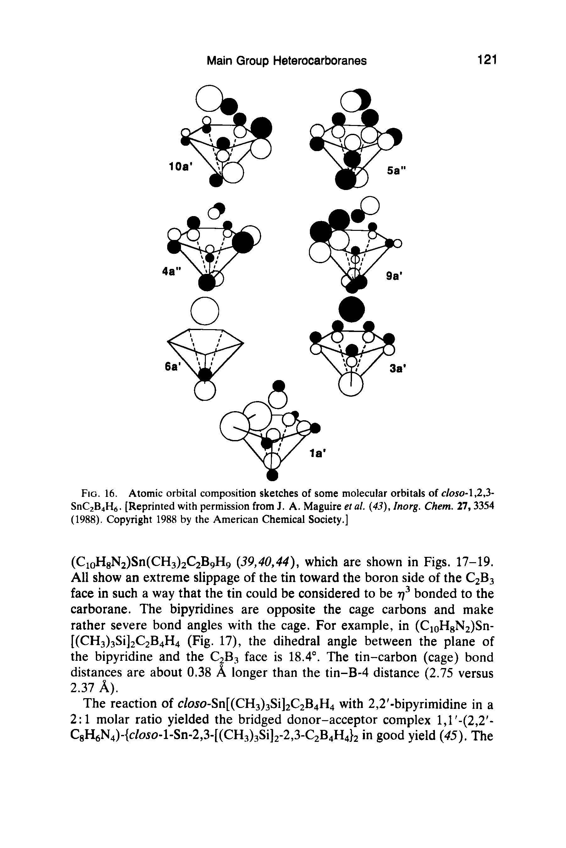 Fig. 16. Atomic orbital composition sketches of some molecular orbitals of closo-1,2,3-SnC2B4H6. [Reprinted with permission from J. A. Maguire etal. (43), Inorg. Chem. 27, 3354 (1988). Copyright 1988 by the American Chemical Society.]...