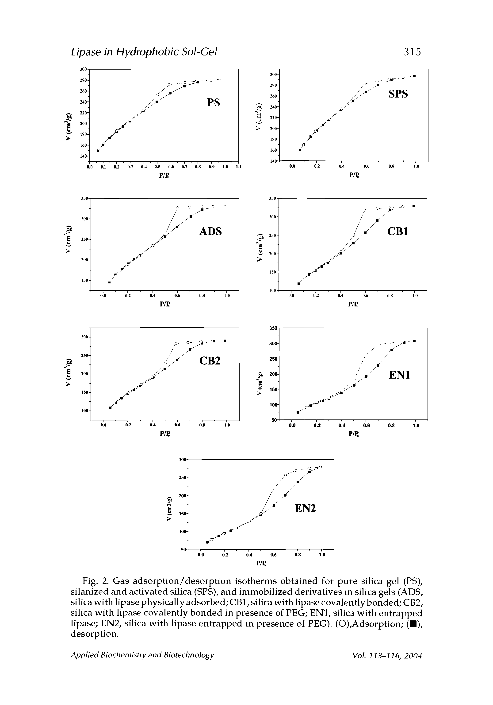 Fig. 2. Gas adsorption/desorption isotherms obtained for pure silica gel (PS), silanized and activated silica (SPS), and immobilized derivatives in silica gels (ADS, silica with lipase physically adsorbed CB1, silica with lipase covalently bonded CB2, silica with lipase covalently bonded in presence of PEG EN1, silica with entrapped lipase EN2, silica with lipase entrapped in presence of PEG). (O),Adsorption ( ), desorption.