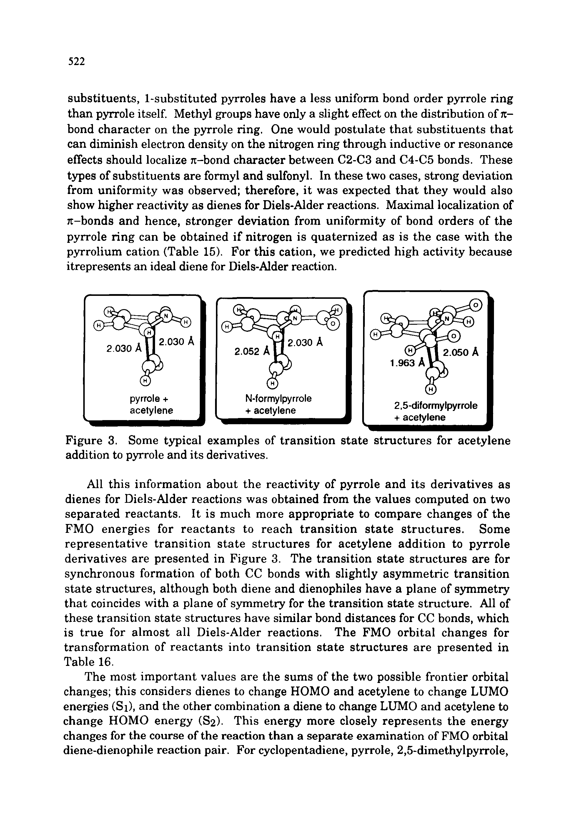 Figure 3. Some typical examples of transition state structures for acetylene addition to pyrrole and its derivatives.