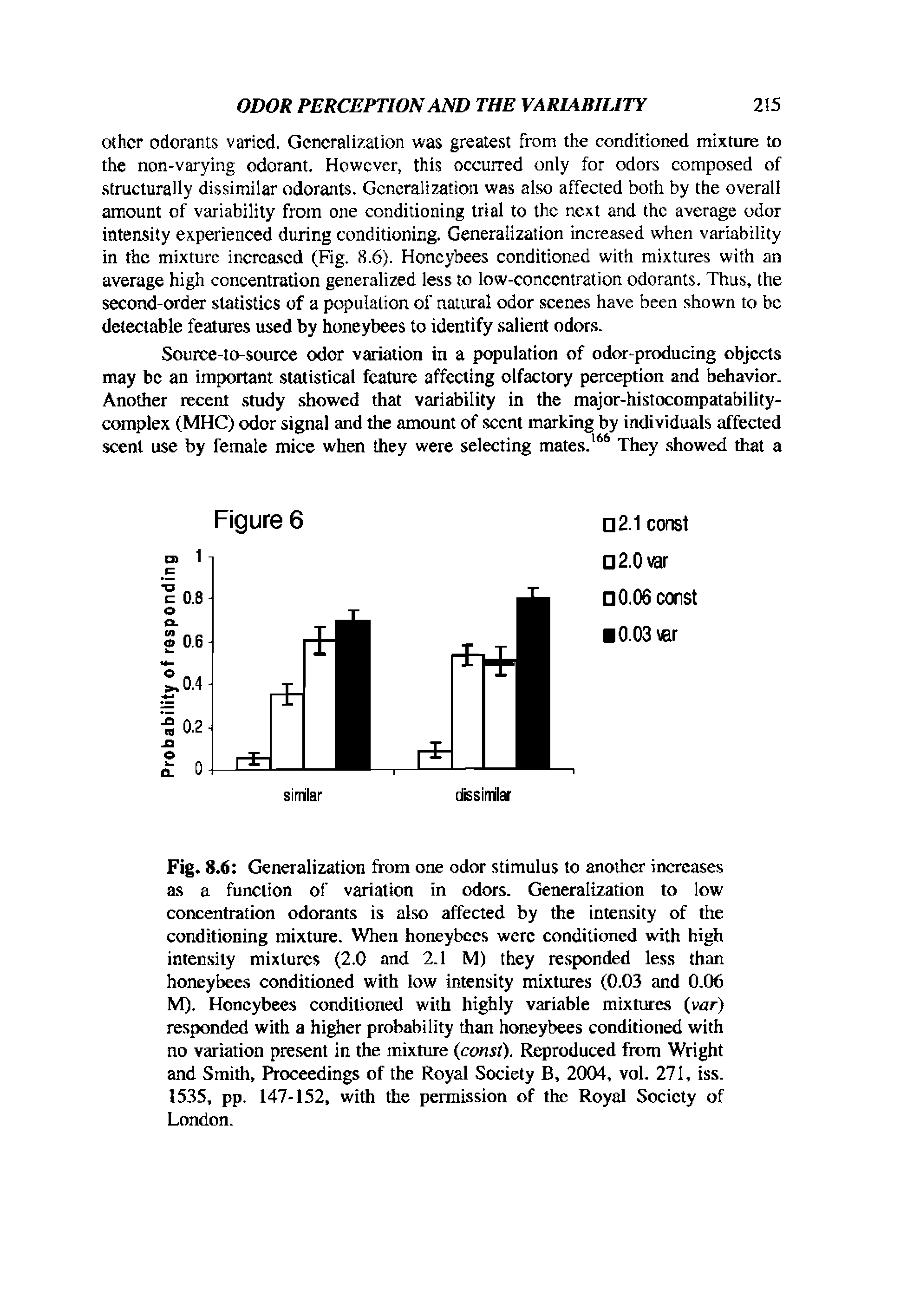 Fig. 8.6 Generalization from one odor stimulus to another increases as a function of variation in odors. Generalization to low concentration odorants is also affected by the intensity of the conditioning mixture. When honeybees were conditioned with high intensity mixtures (2.0 and 2.1 M) they responded less than honeybees conditioned with low intensity mixtures (0.03 and 0.06 M). Honeybees conditioned with highly variable mixtures (var) responded with a higher probability than honeybees conditioned with no variation present in the mixture (const). Reproduced from Wright and Smith, Ihoceedings of the Royal Society B, 2004, vol. 271, iss. 1535, pp. 147-152, with the permission of the Royal Society of London.