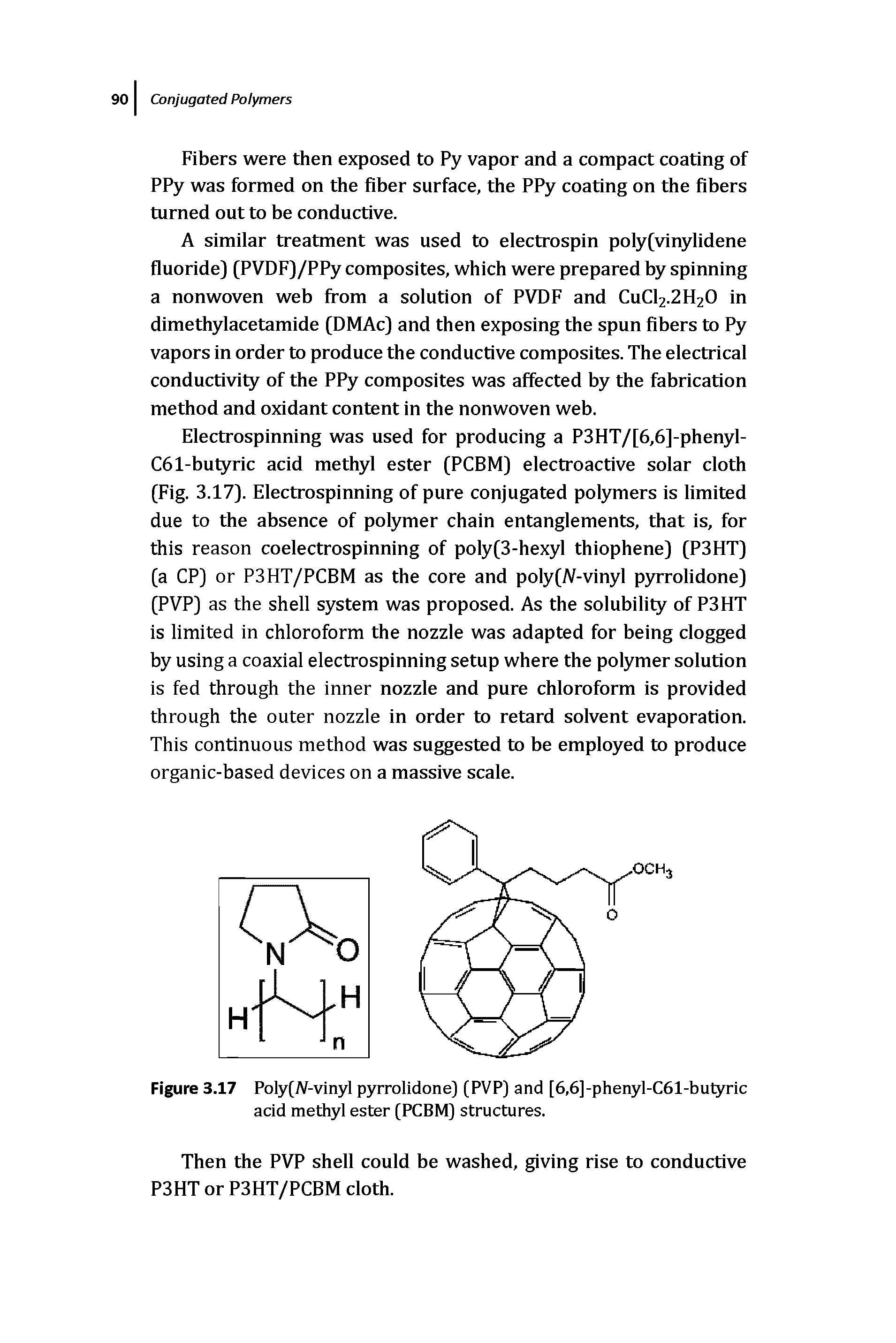 Figure 3.17 Poly(N-vinyl pyrrolidone] (PVP] and [6,6]-phenyl-C61-butyric acid methyl ester (PCBM] structures.